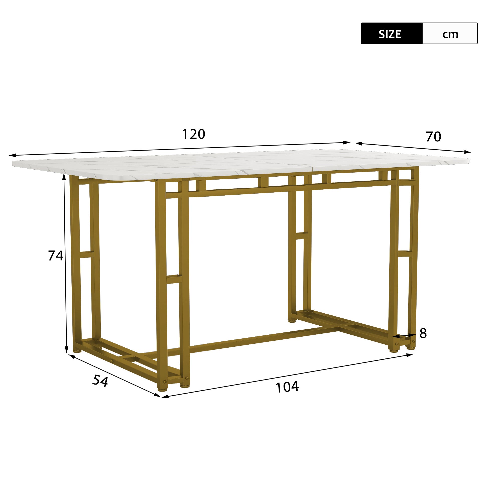 Mesa de comedor para 4 a 6 cubiertos con diseño de mármol - MDF + patas de metal dorado - blanca - 4