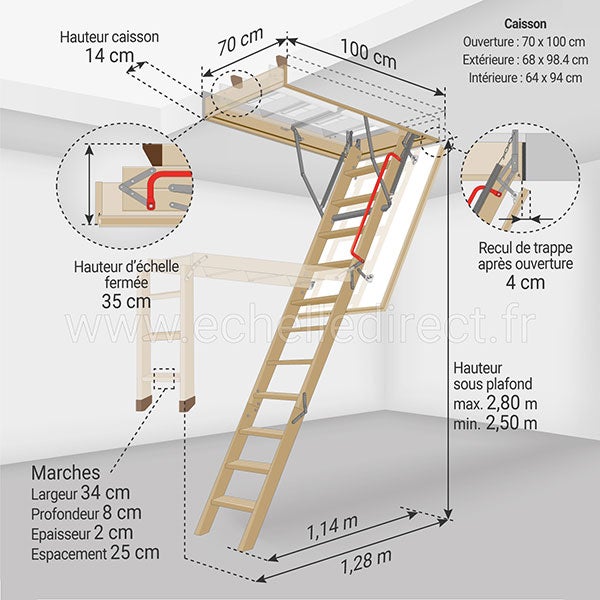 Echelle escamotable bois - Trémie de 70 x 100cm - Hauteur de 2.32 à 2.80m - LWK70100-2 - 2