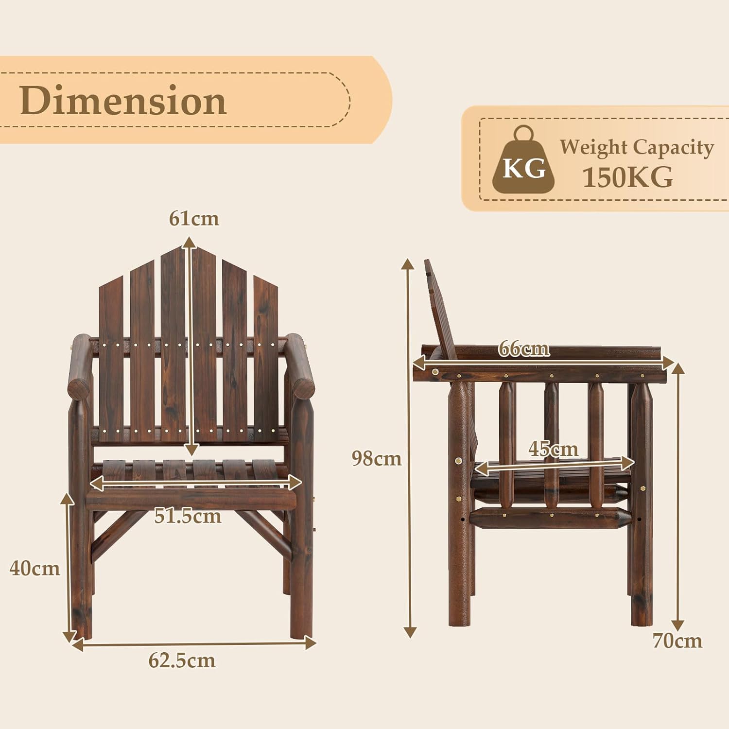 Fotel Adirondack z Drewna, Krzesło Ogrodowe Adirondack z Podłokietnikami i Wysokim, Pochylonym Oparciem, Nośność 150 kg, 66 x 62,5 x 98 cm (Brązowy) - 2