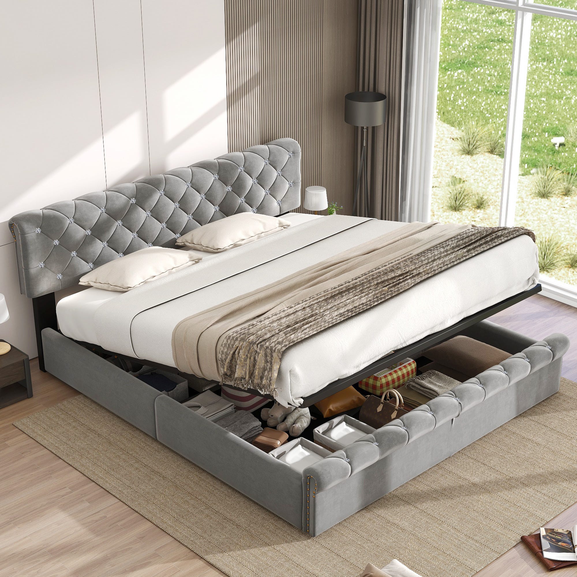 Contenitore Velluto Letto Velluto Grigio Letto Contenitore 180 X