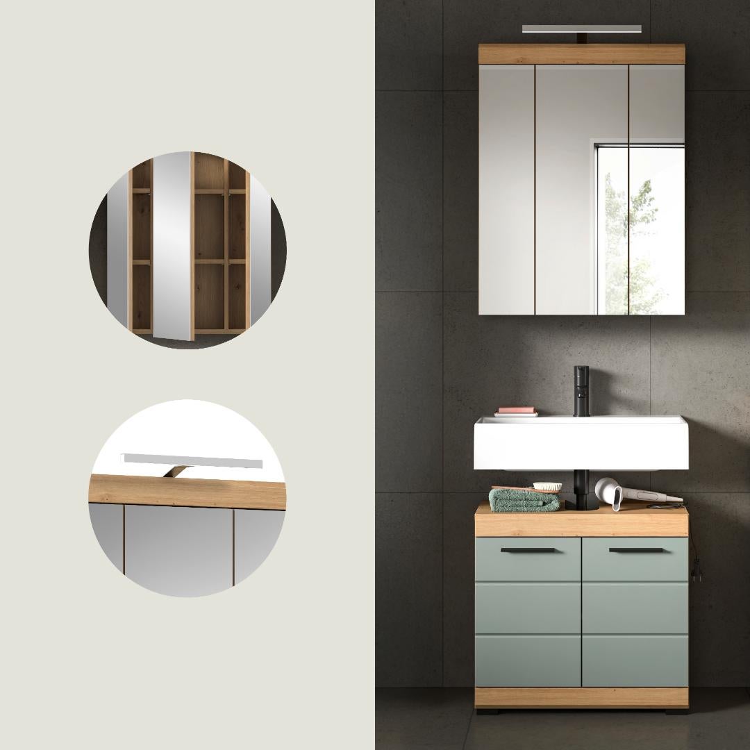 Ensemble 2 meubles de salle de bain + lampe chêne brun et kaki - OLBO - 9