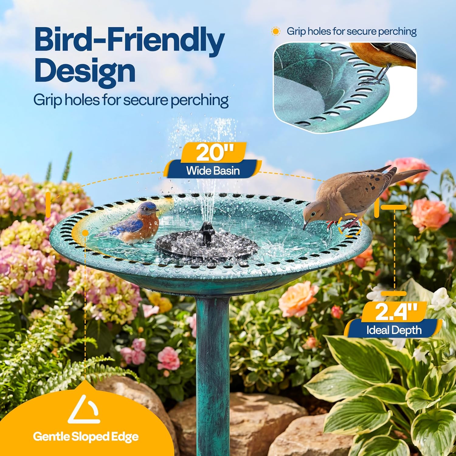 Bain d'oiseaux à fontaine solaire extérieure, décoration de jardin, 24 po de hauteur, vert - 3