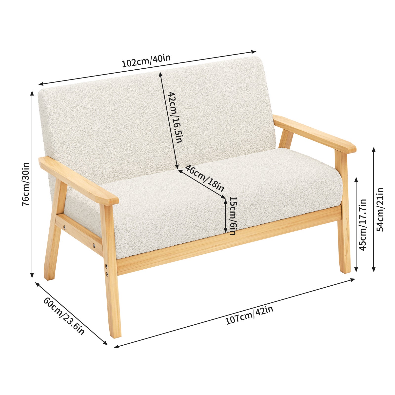 Canapé 2 Places en Velours Teddy Confortable pour Salon,Pieds en Bois,Fauteuil Simple Scandinave,107x60x76cm，Beige - 6