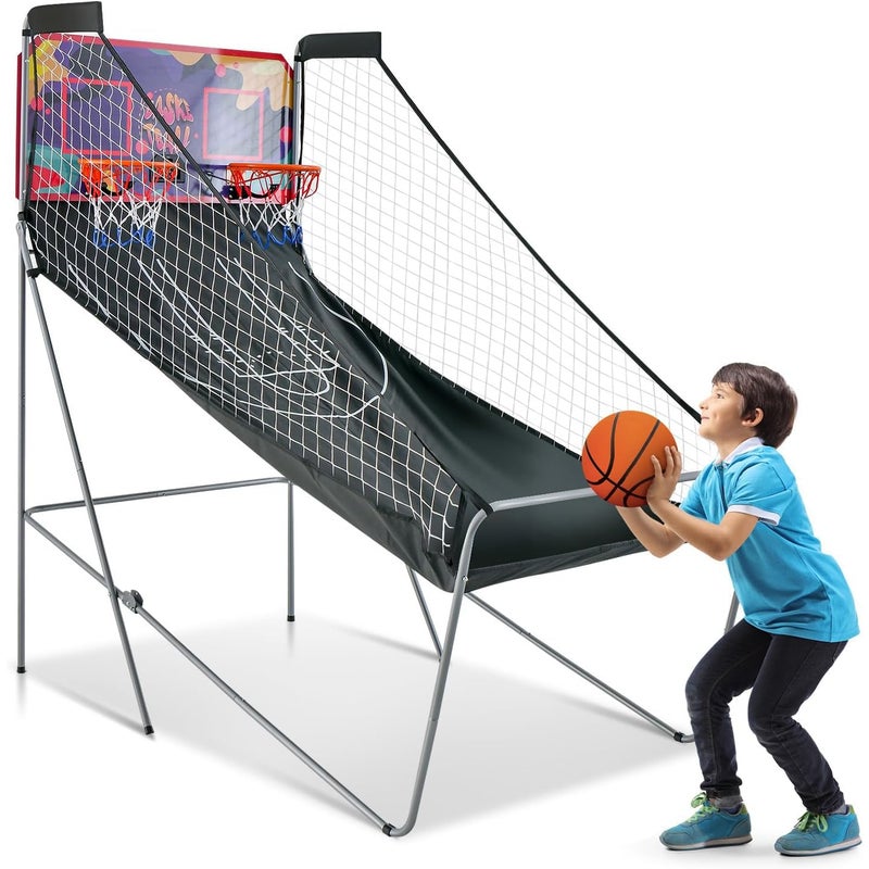 Składany Zestaw do Koszykówki, Kosz do Koszykówki z 2 Koszami i 4 Piłkami, 8 Trybów Gry, Czujnik Elektryczny, 202 x 107 x 205 cm