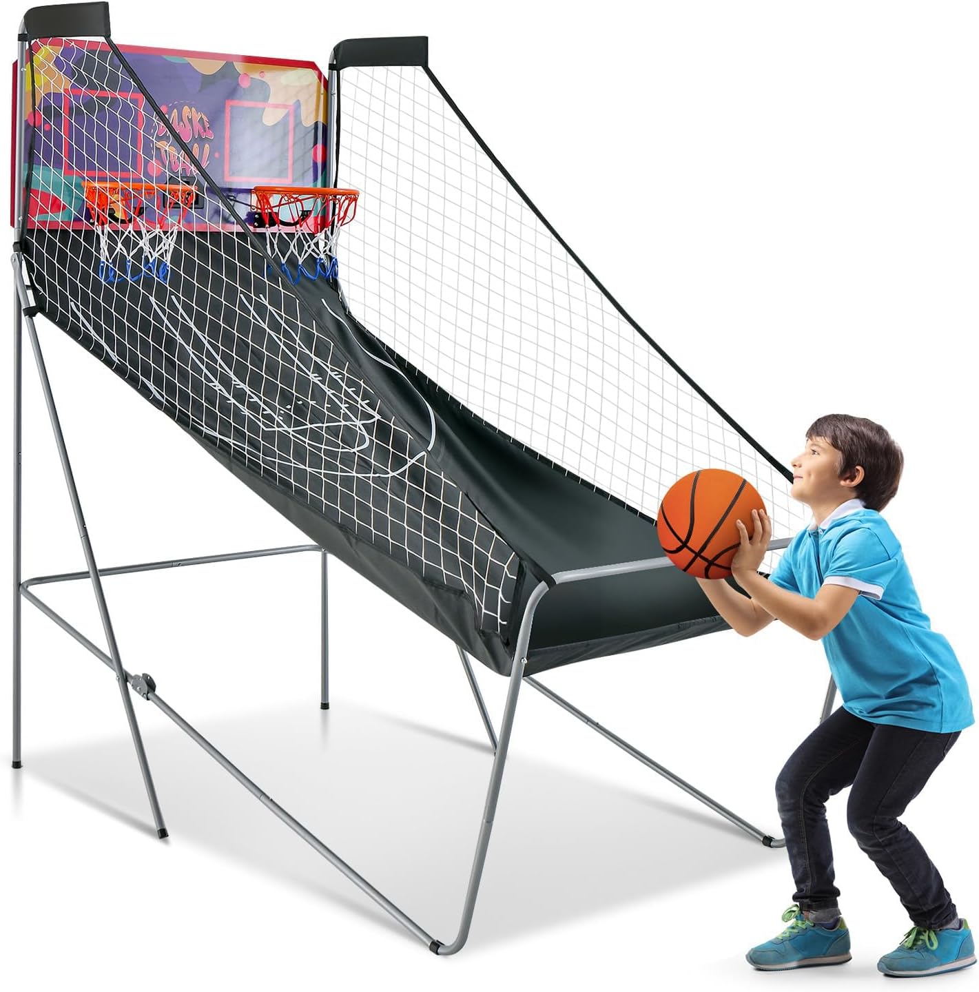 Składany Zestaw do Koszykówki, Kosz do Koszykówki z 2 Koszami i 4 Piłkami, 8 Trybów Gry, Czujnik Elektryczny, 202 x 107 x 205 cm