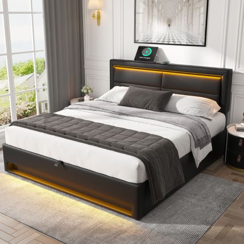 Lit coffre 140x190 cm,lit rembourré -port usb+éclairage led+ grand espace rangement - sans matelas-noir - 8