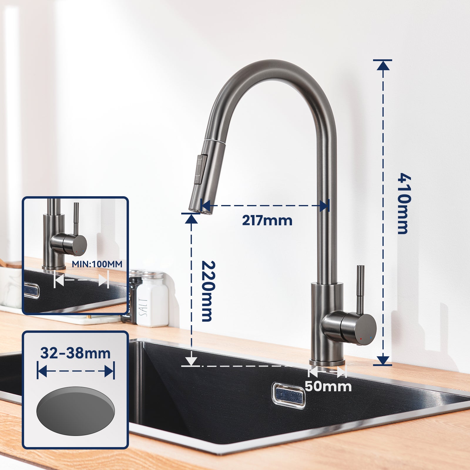 Miscelatore da cucina con doccetta estraibile,Rubinetto per lavello 2 funzioni,Miscelatore da cucina in acciaio inossidabile,Grigio scuro - 5