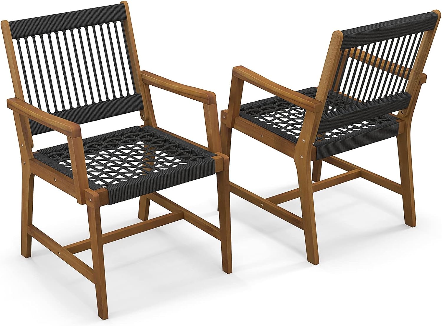 Zestaw 2 Krzeseł Ogrodowych z Drewna Akacjowego – 64 x 57 x 90 cm, Nośność 160 kg – Plecione z Liny, do Tarasu/Ogrodu/Podwórka, Kolor Brązowy