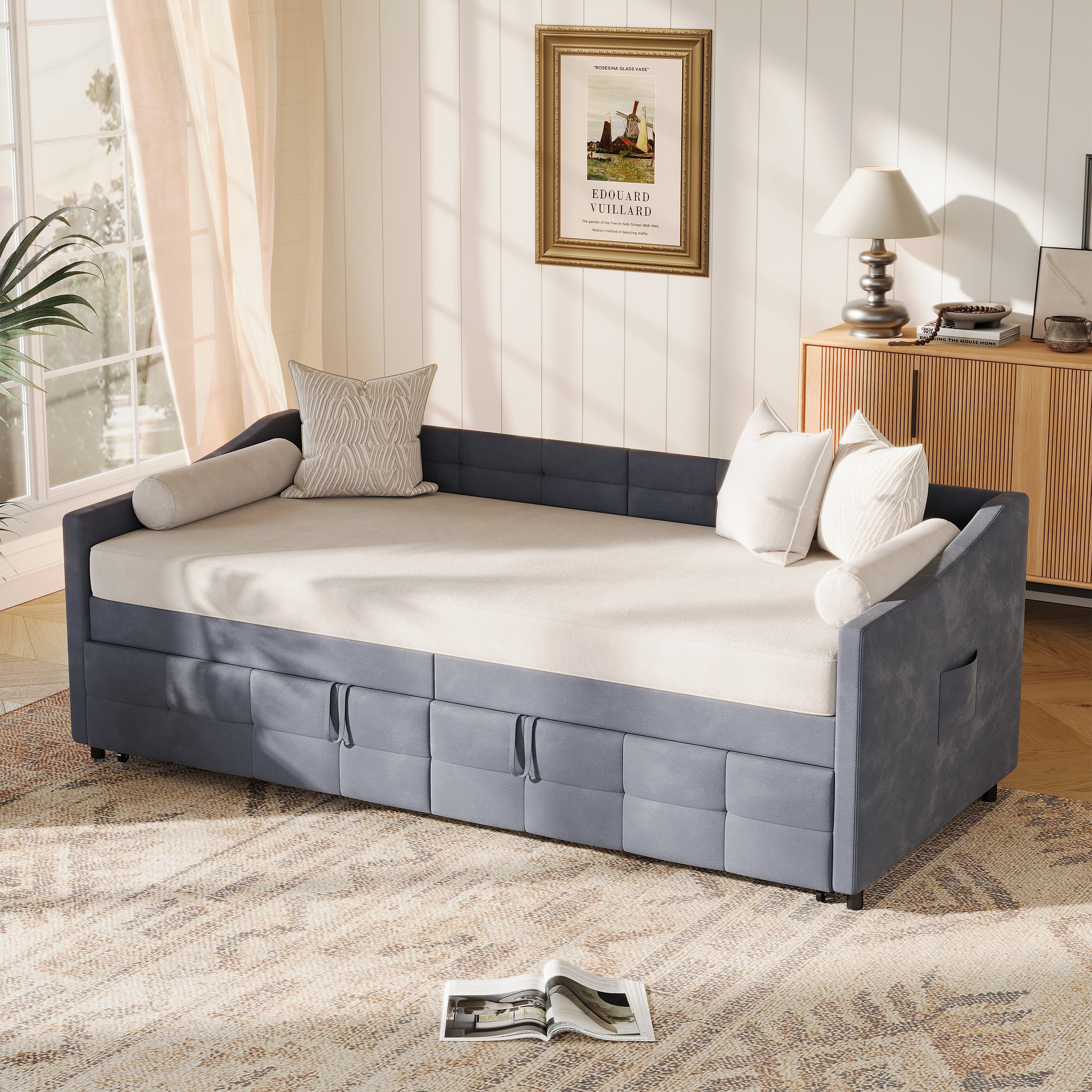 Lit gigogne 90x190/200 cm - avec poches latérales - accoudoirs - cadre à lattes - style scandinave - canapé-lit - gris - 3
