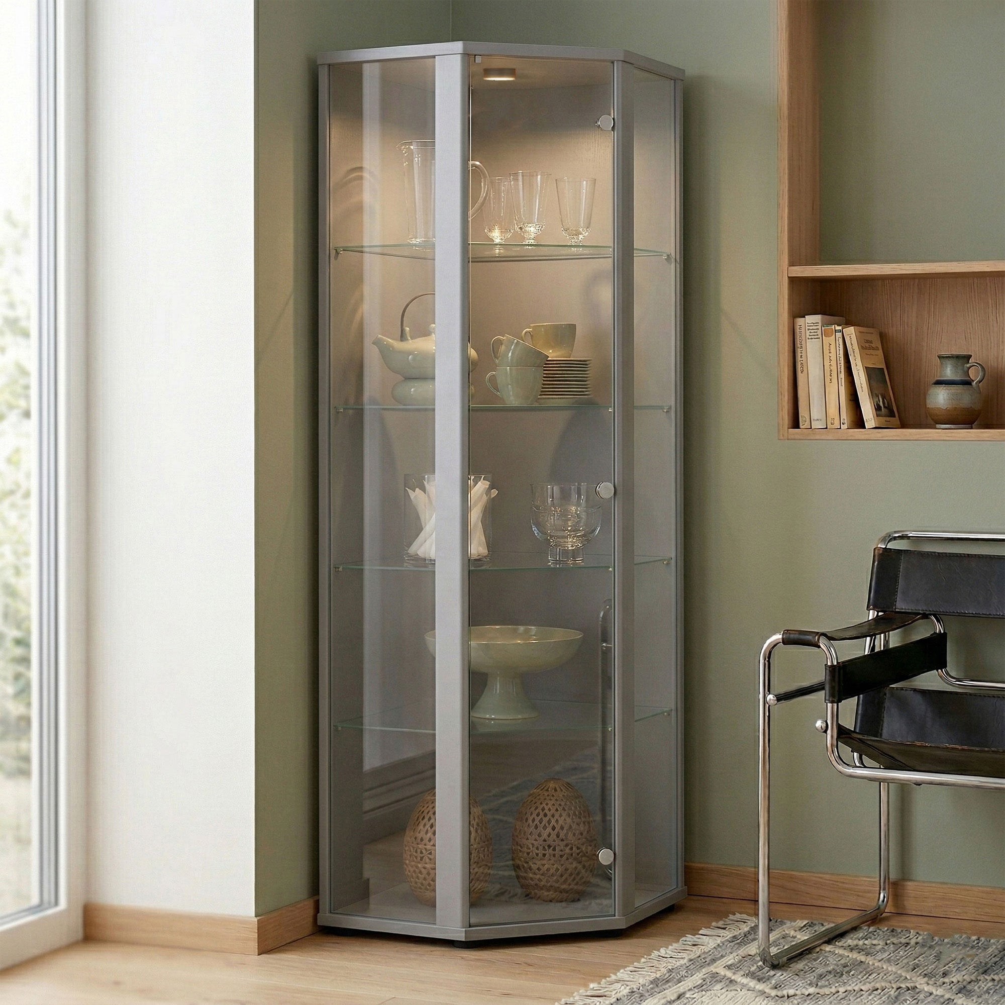 K-Möbel Szklana witryna narożna stojąca, 176x56,5x56,5 cm, Made in Germany, z LED i 4 szklanymi półkami, Srebrna