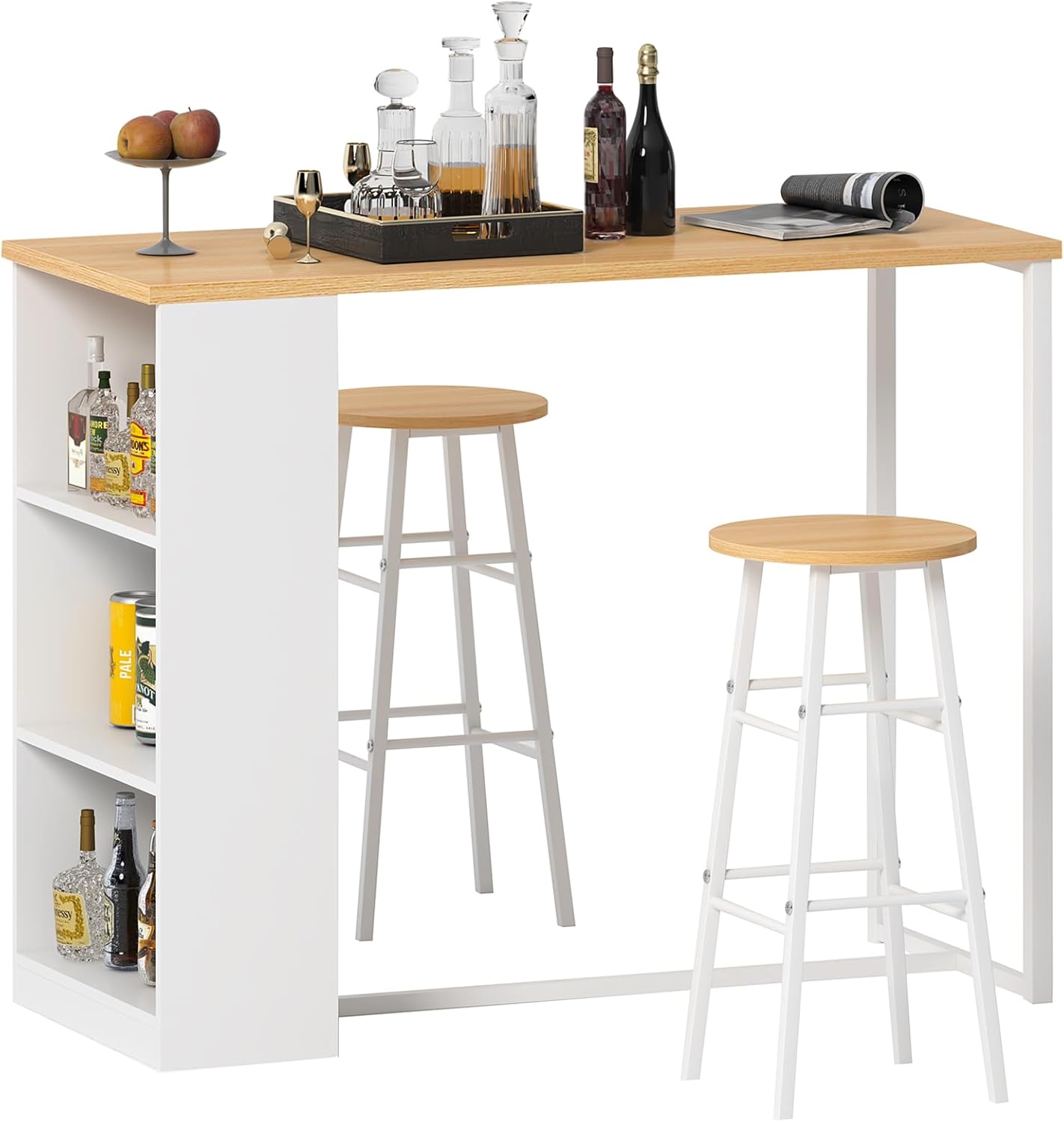 Mesa de bar de 3 niveles, estructura metálica, 2 taburetes, 120 x 55 x 100 cm
