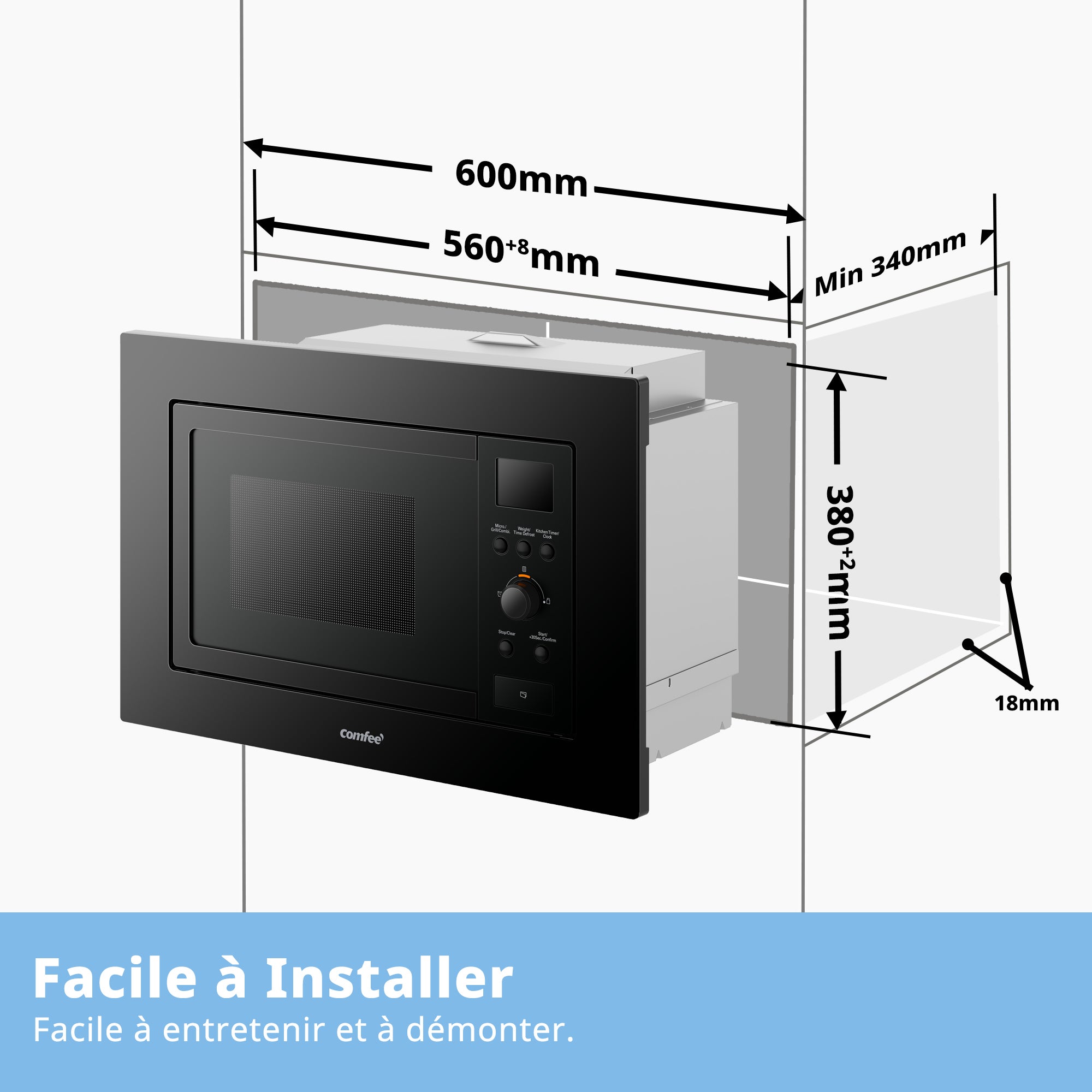 Micro-ondes encastrable COMFEE CBMAG820BJL-BK - 800W - Grill 1000 W - L59,5 x H38,8 x P34,35 cm- 20L - Noir - 3
