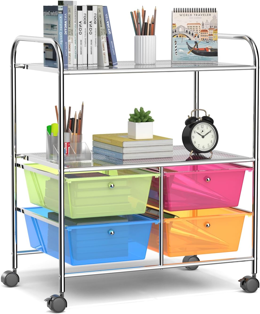 Wózek do Przechowywania z 4 Szufladami, 63 x 37 x 74,5 cm, Regał na Kółkach, Stalowa Rama, do Sypialni, Kolorowy