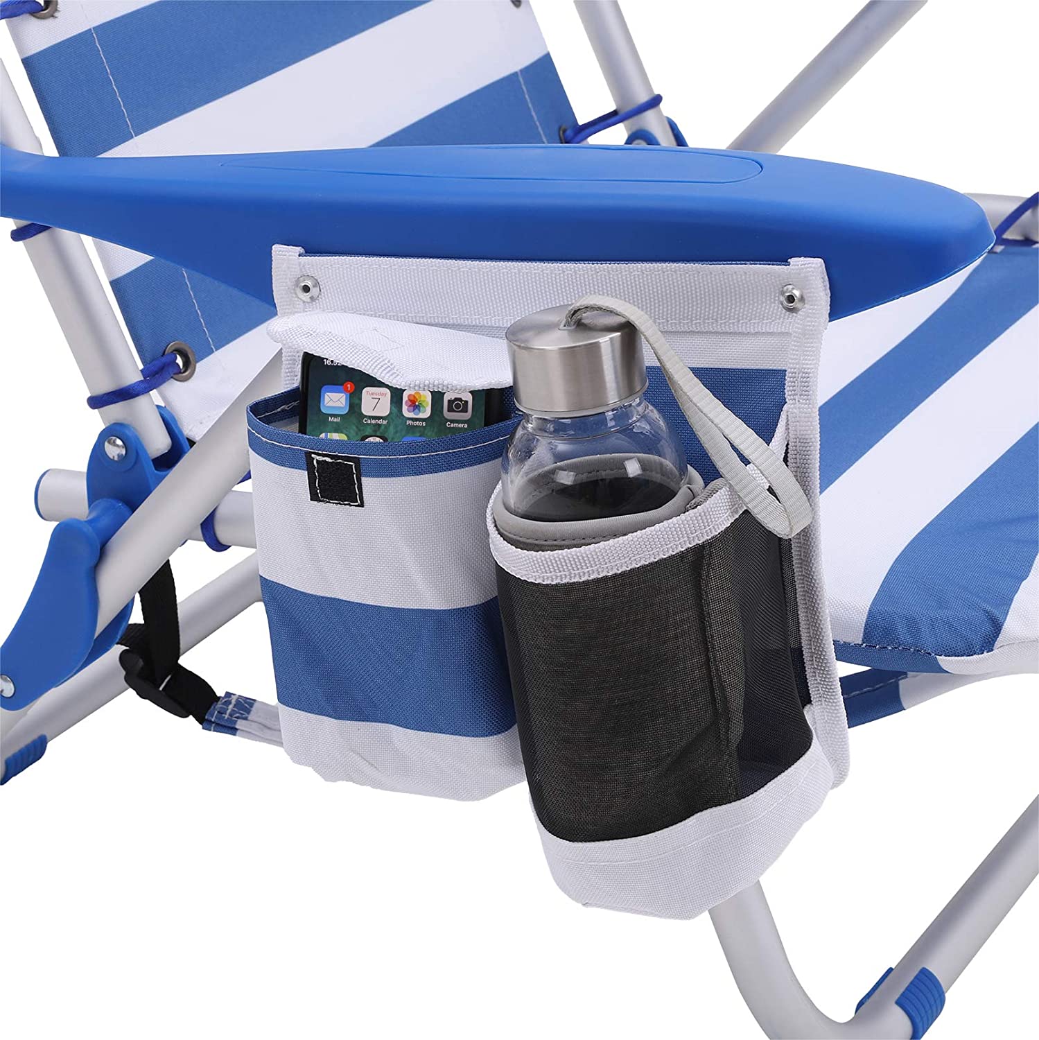 Chaise de Plage Portable,Lot de 2,Pliable, Dossier Inclinable jusqu'à 180°, Rayures Bleu et Blanches - 4