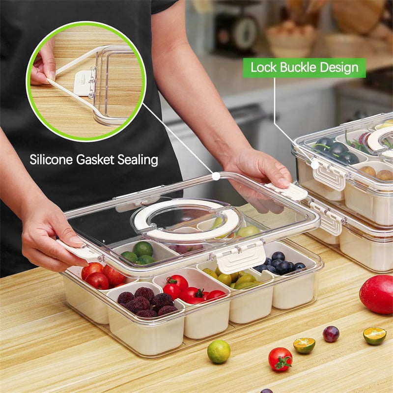 Caja de aperitivos con asa, bandeja de servicio dividida con tapa, bandeja para aperitivos con 8 compartimentos, contenedor para frutas y verduras - 3