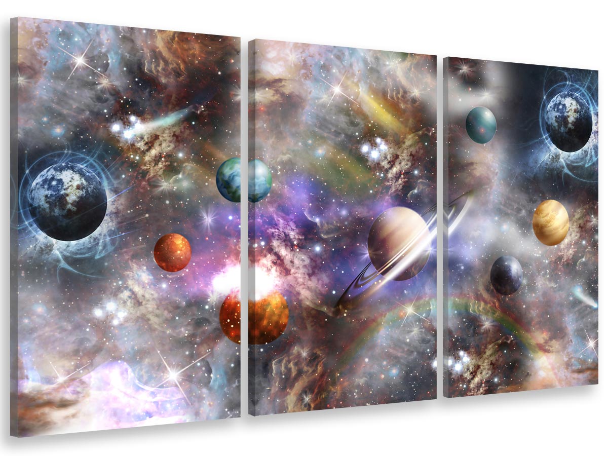 Cuadro tríptica galaxia y planetas - 90x60 cm