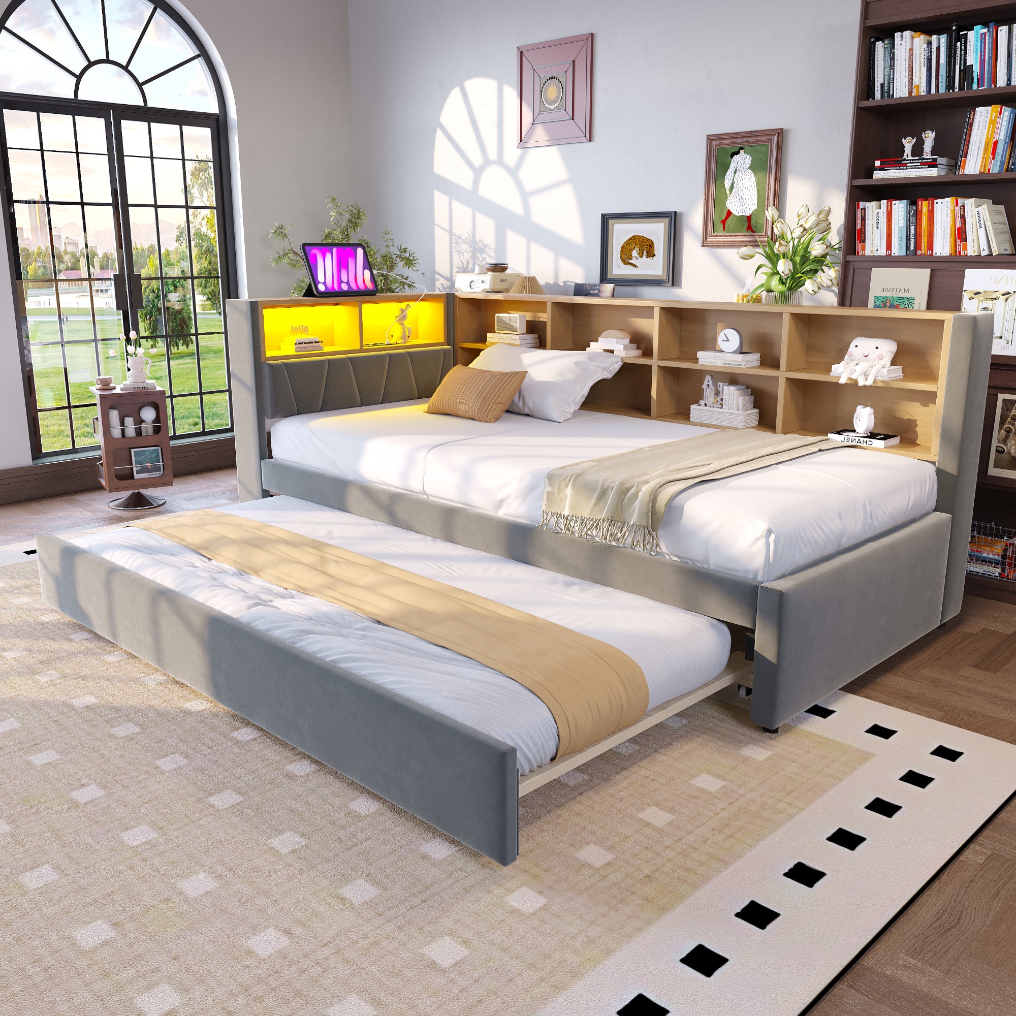 Łóżko wysuwane 90 x 200 cm + 90 x 190 cm z przegródkami - Tkanina flanelowa - Diody LED, porty USB i typu C - Kolor ciemnoszary (bez materaca)