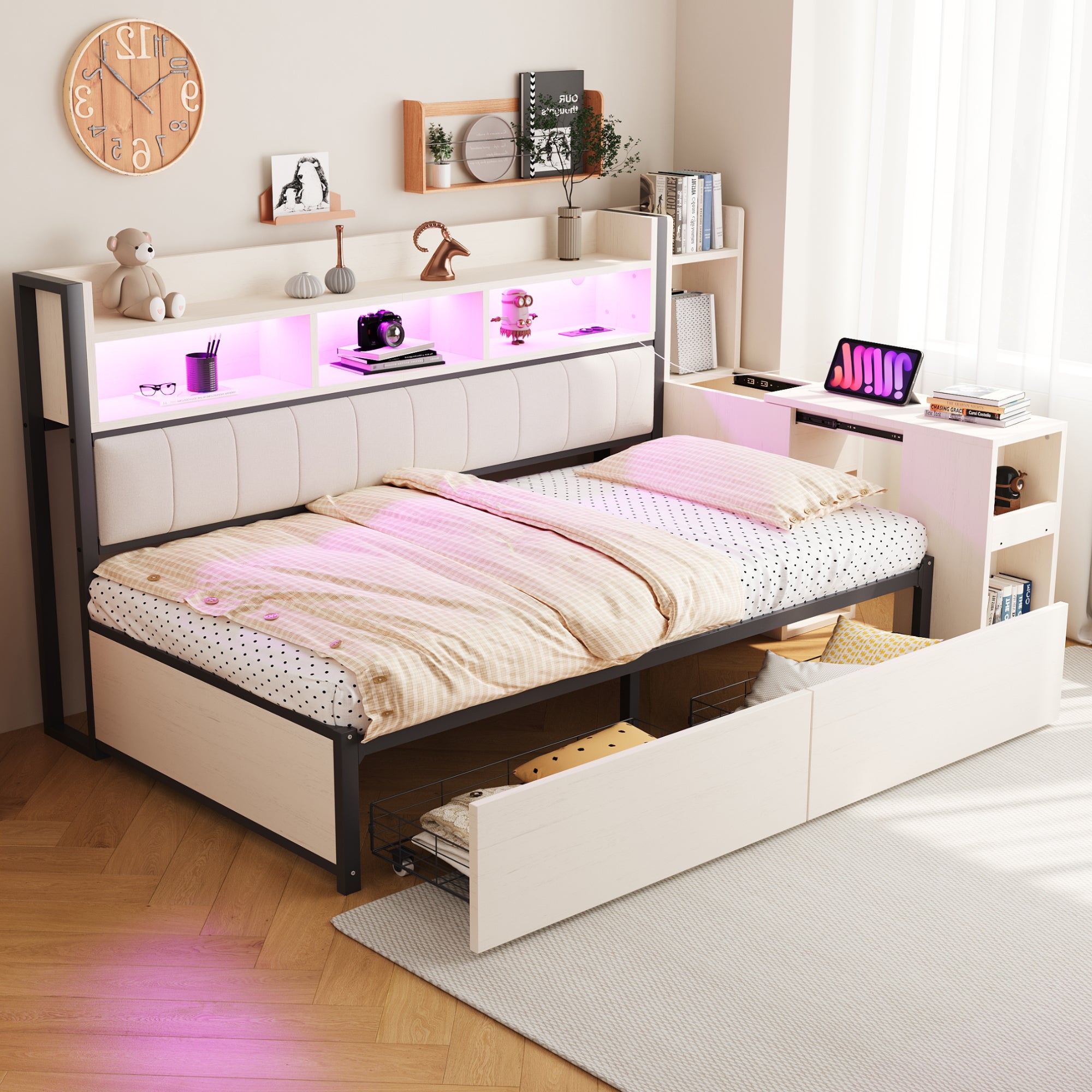 Łóżko dziecięce 90 x 200 cm z biurkiem, 2 szufladami i przegródkami - Żelazo + sklejka + MDF - Diody LED i gniazdo ładowania - Białe
