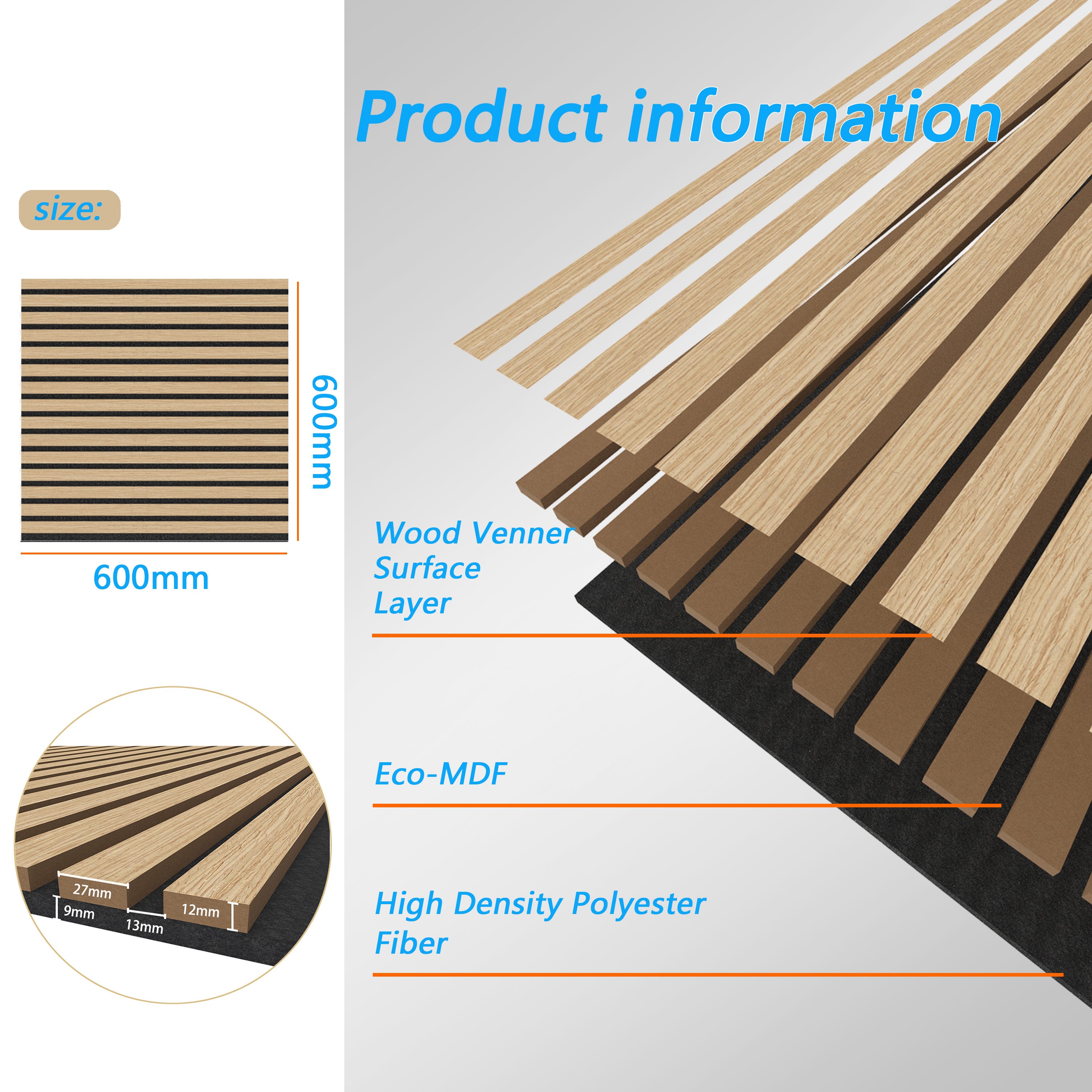 Lot de 4 panneaux muraux acoustiques décoratifs en bois MDF 60 x 60 cm, finition chêne clair Excellente isolation acoustique, installation simple - 3