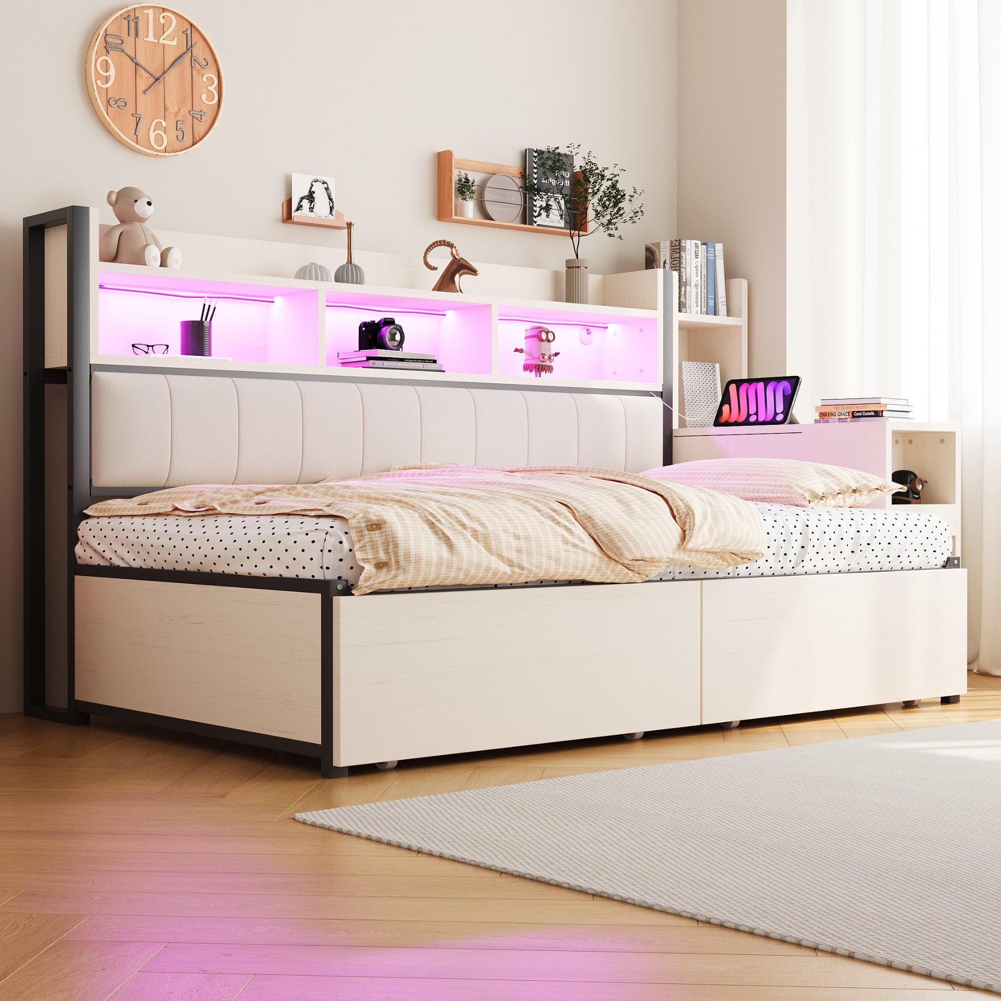 Sofa rozkładana 90x200 cm - z gniazdkami - z oświetleniem LED - z 2 dużymi szufladami - z wysuwanym biurkiem - Biały