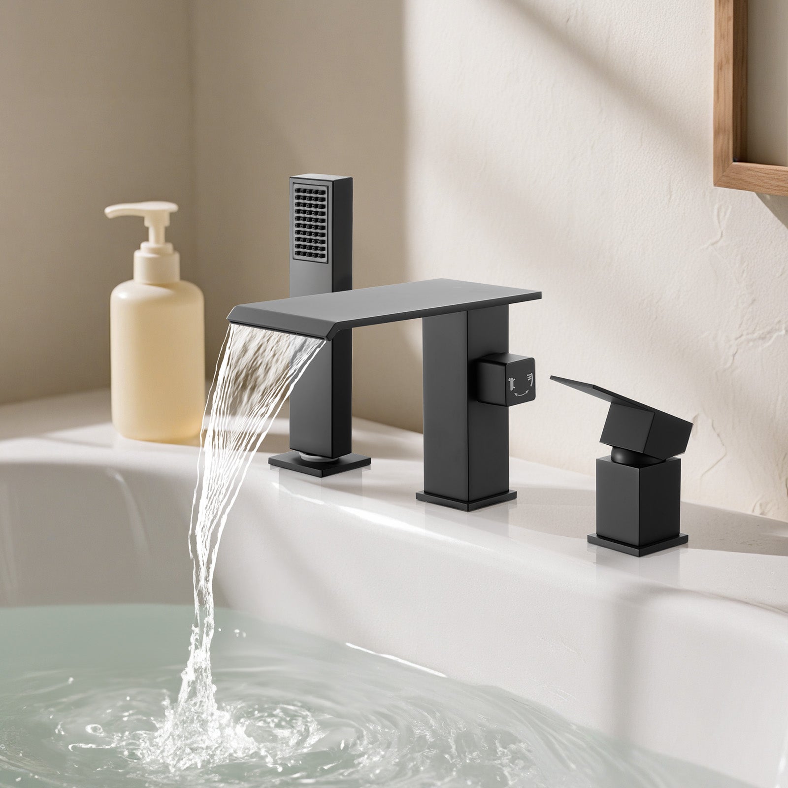 Mitigeur Baignoire Romaine VEVOR, 3 Trous, Cascade, avec Pommeau Douche et Une Poignée, Options de Double Débit d'Eau, pour Salle de Bains, Noir Mat - 8