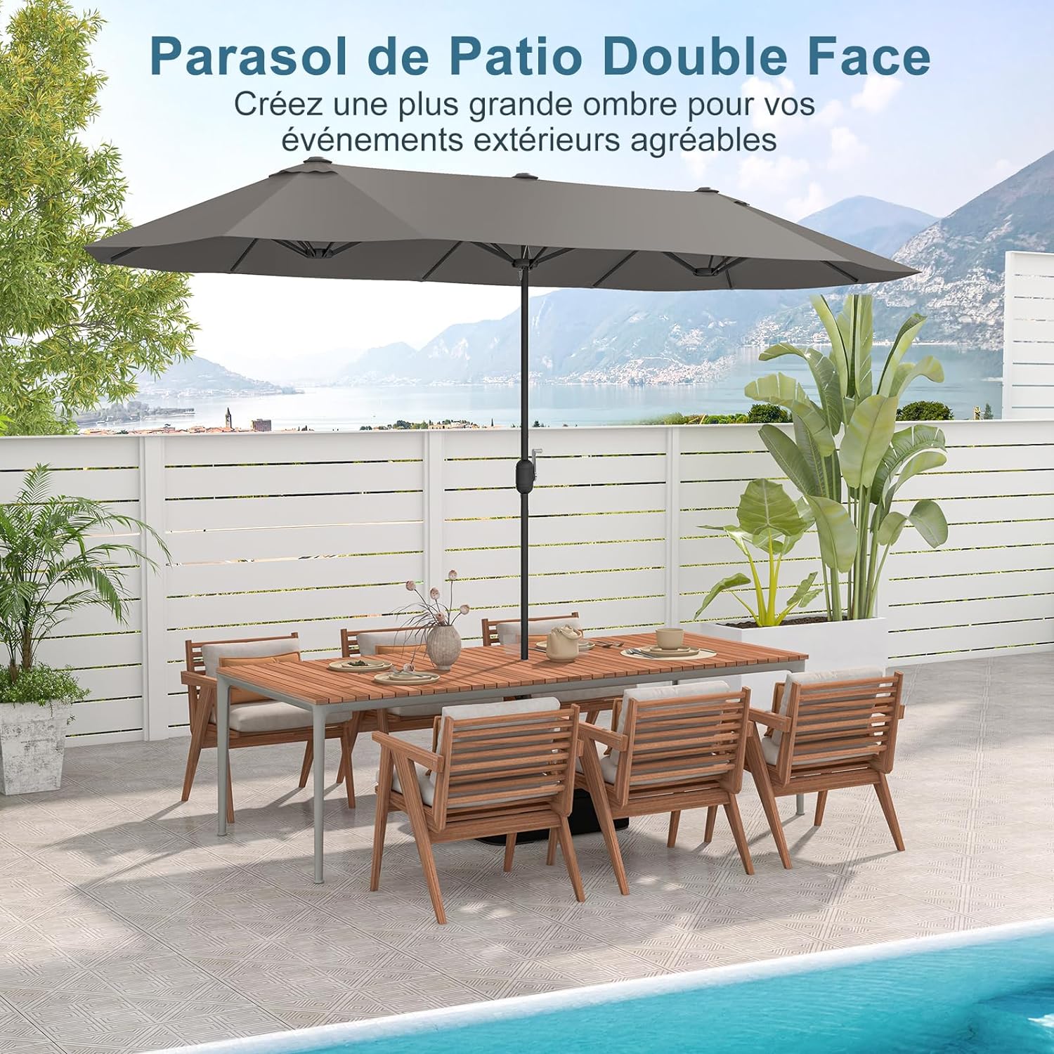 Parasol de Jardin Exterieur avec Pied, 4M Parasol Double Face avec Manivelle,pour 6 Personnes pour Marché, Piscine, Terrasse, Balcon (Gris) - 3