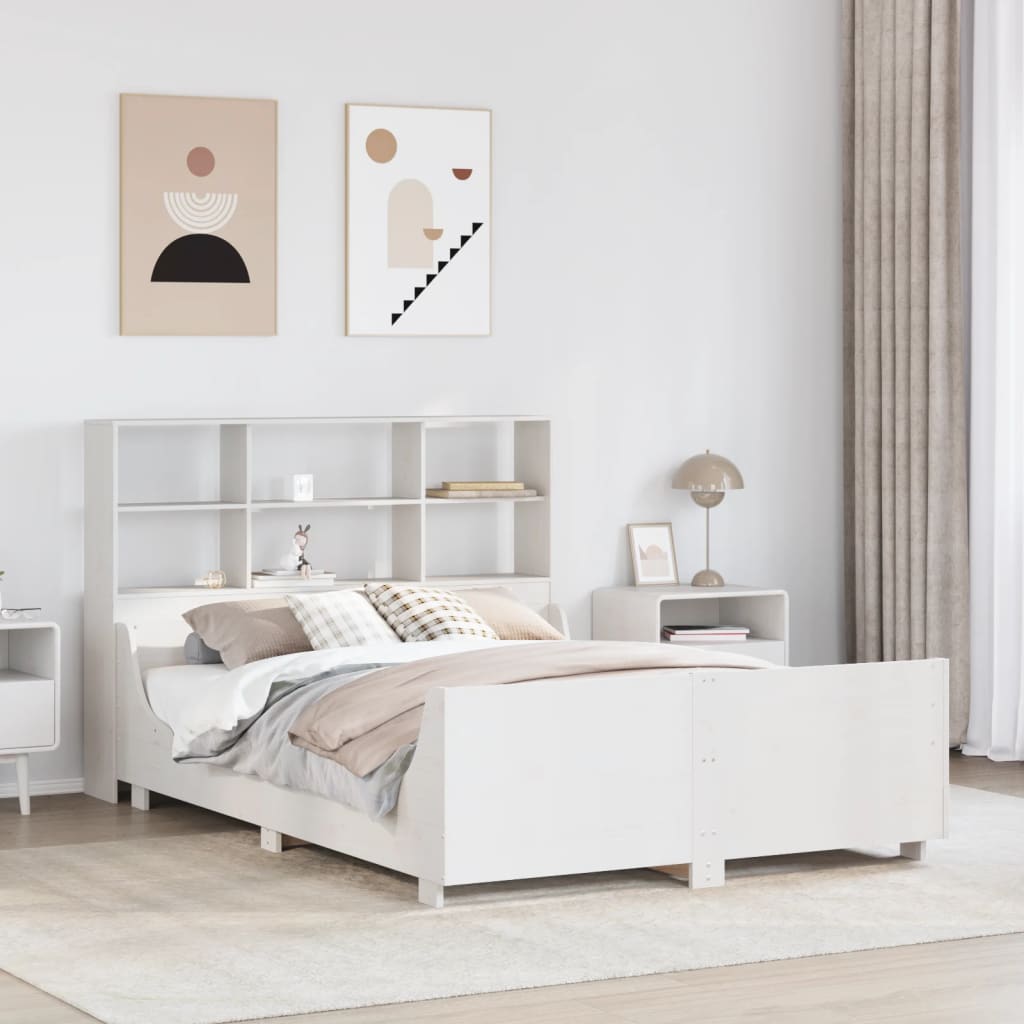 Łóżko Drewniane z Regałem Rama Łóżka Ze Stelażem Biała 140x190 cm