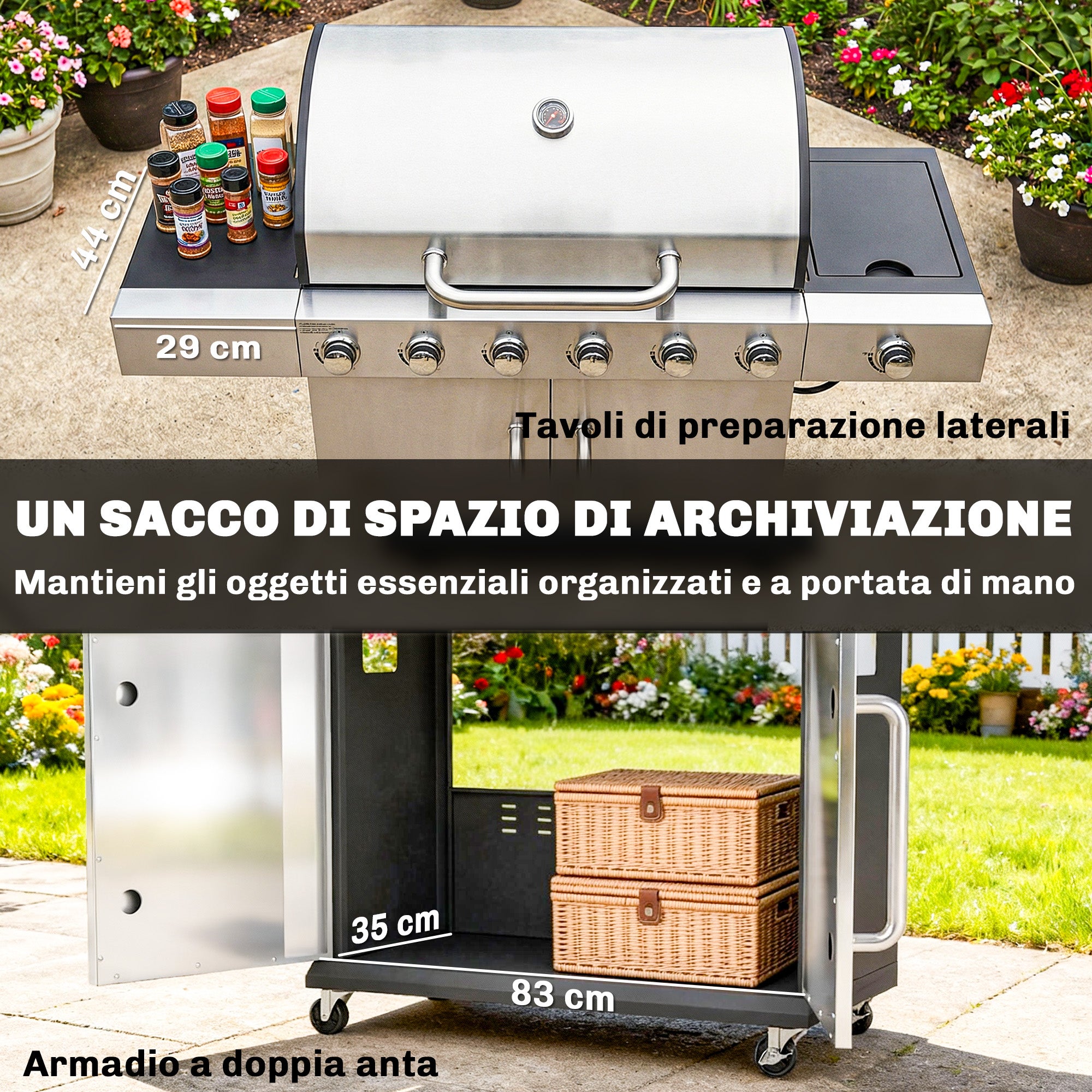 Outsunny Barbecue a Gas Propano a 6 Fuochi con Bruciatore Laterale, 63.000 BTU, Griglia in Acciaio Inox, Argento e Nero - 7