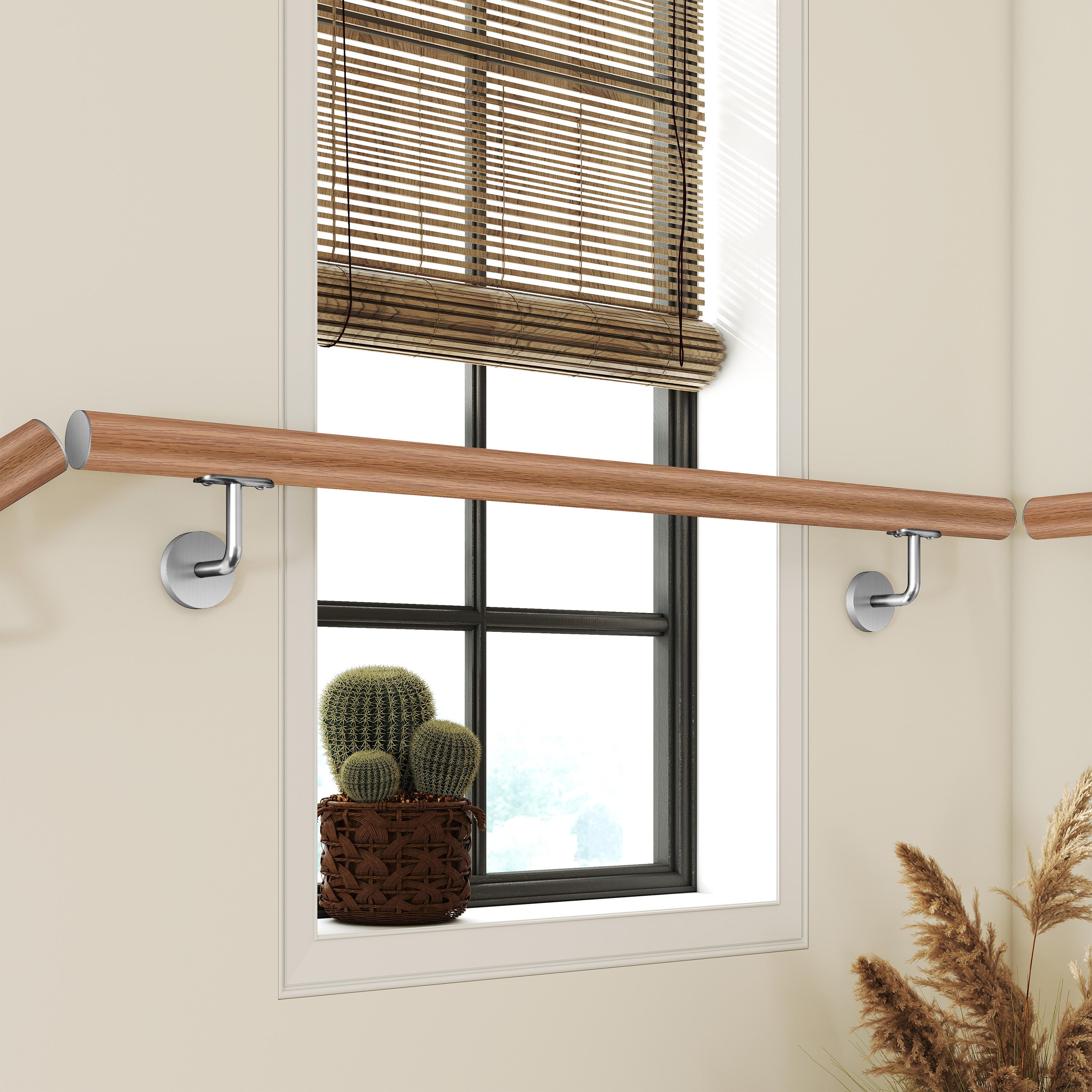 Main Courante Murale en Inox 304 Design bois - Rampe Escalier 200 cm avec Supports Fixation et Embouts Inclus - Intérieur & Extérieur - 3