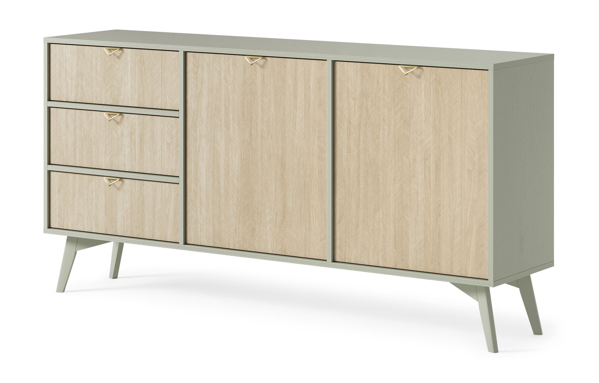 Komoda szeroka FIRR 2D3S – 158 cm, jodełka Scandi, zielony eukaliptus