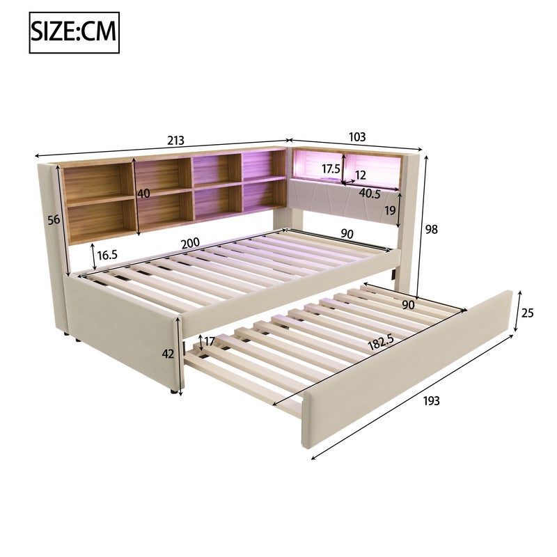Sofá cama 90x200 - con cama nido 90x190 cm - con puerto USB - almacenaje múltiple - cama tapizada - beige (colchón no incluido) - 3
