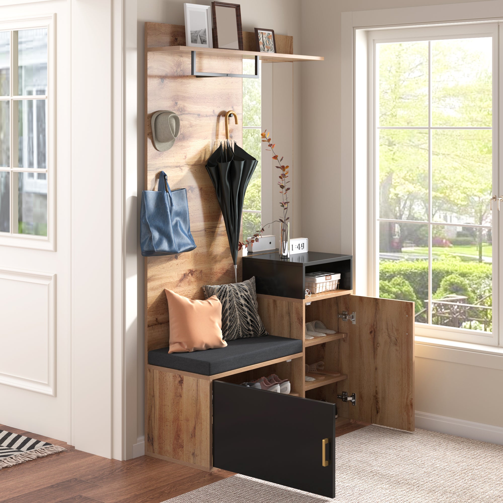 Ensemble de meubles d'entrée 191.5x105x40cm avec miroir porte-manteau et meuble à chaussures avec siège MDF et panneau de particules noir - 7