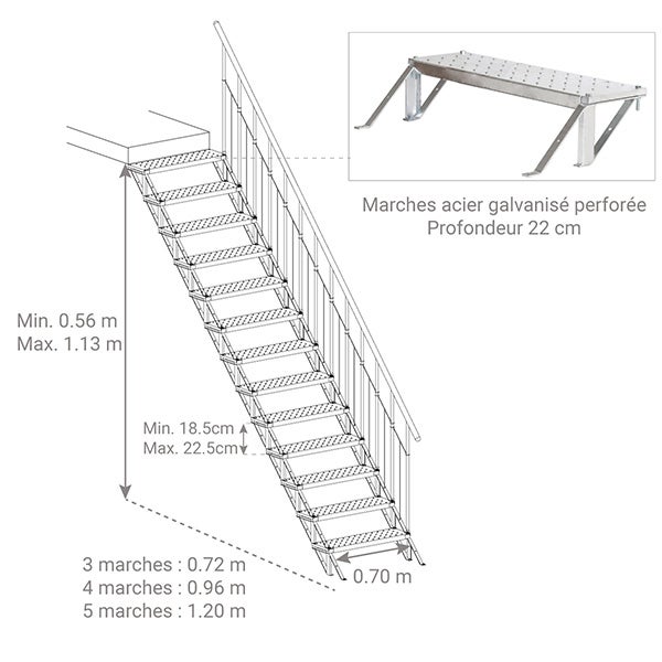 Escalier droit extérieur 5 marches - Hauteur à franchir 0,93 à 1,13m - Structure grise et marche grise - SUNSTEP-5 - 2