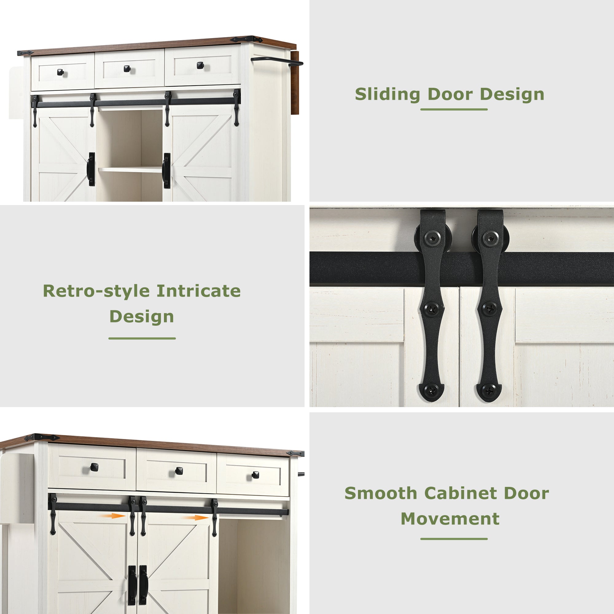 Ilot central de cuisine mobile avec 2 portes coulissantes et 3 tiroirs - plateau extensible - 140 x 45/73 x 92.5 cm - Bois MDF + métal - Blanc - 6