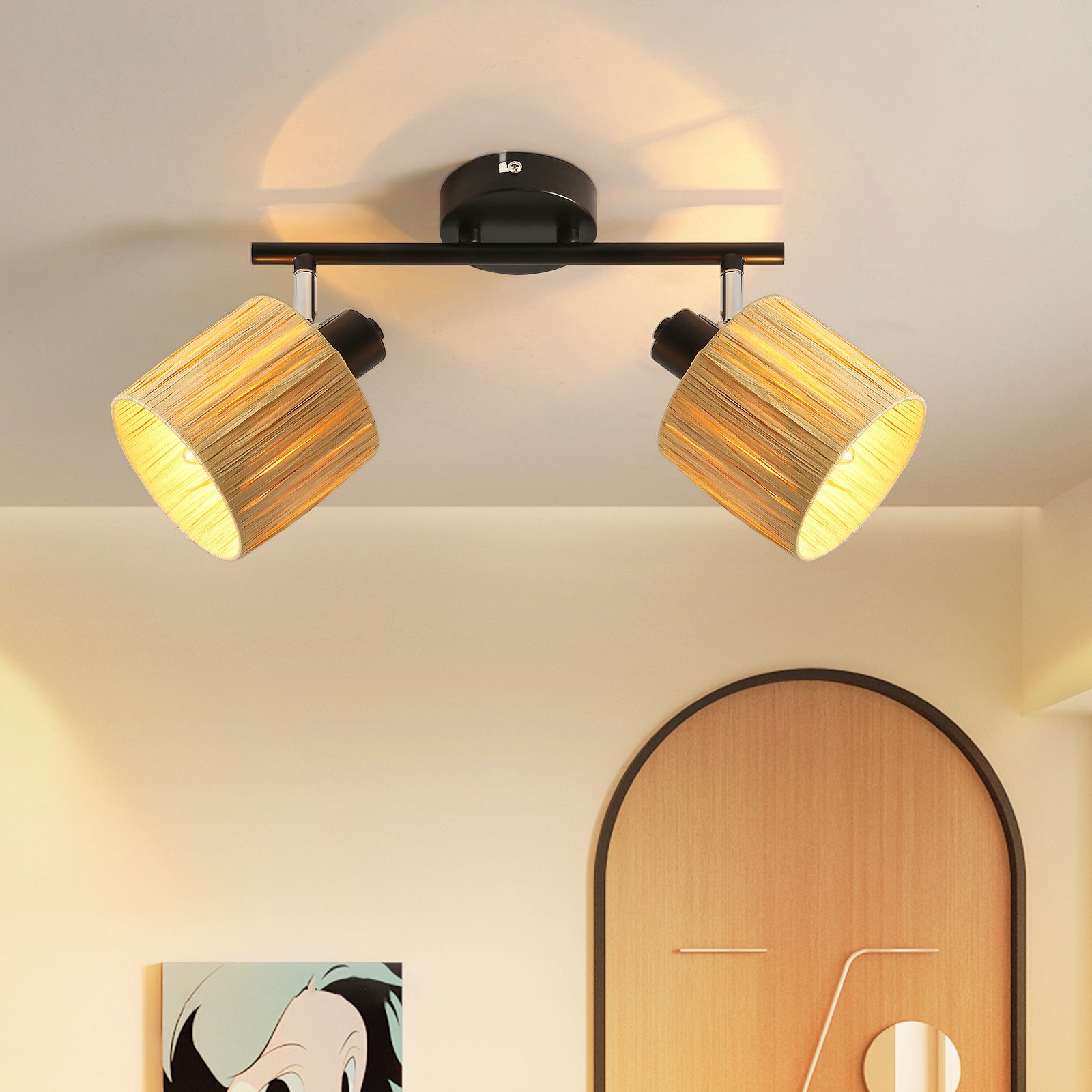 Nettlife Reflektorowa sufitowy 2-punktowy E14, Papierowe Klosze, Czarno-Naturalny, Lampa do Salonu