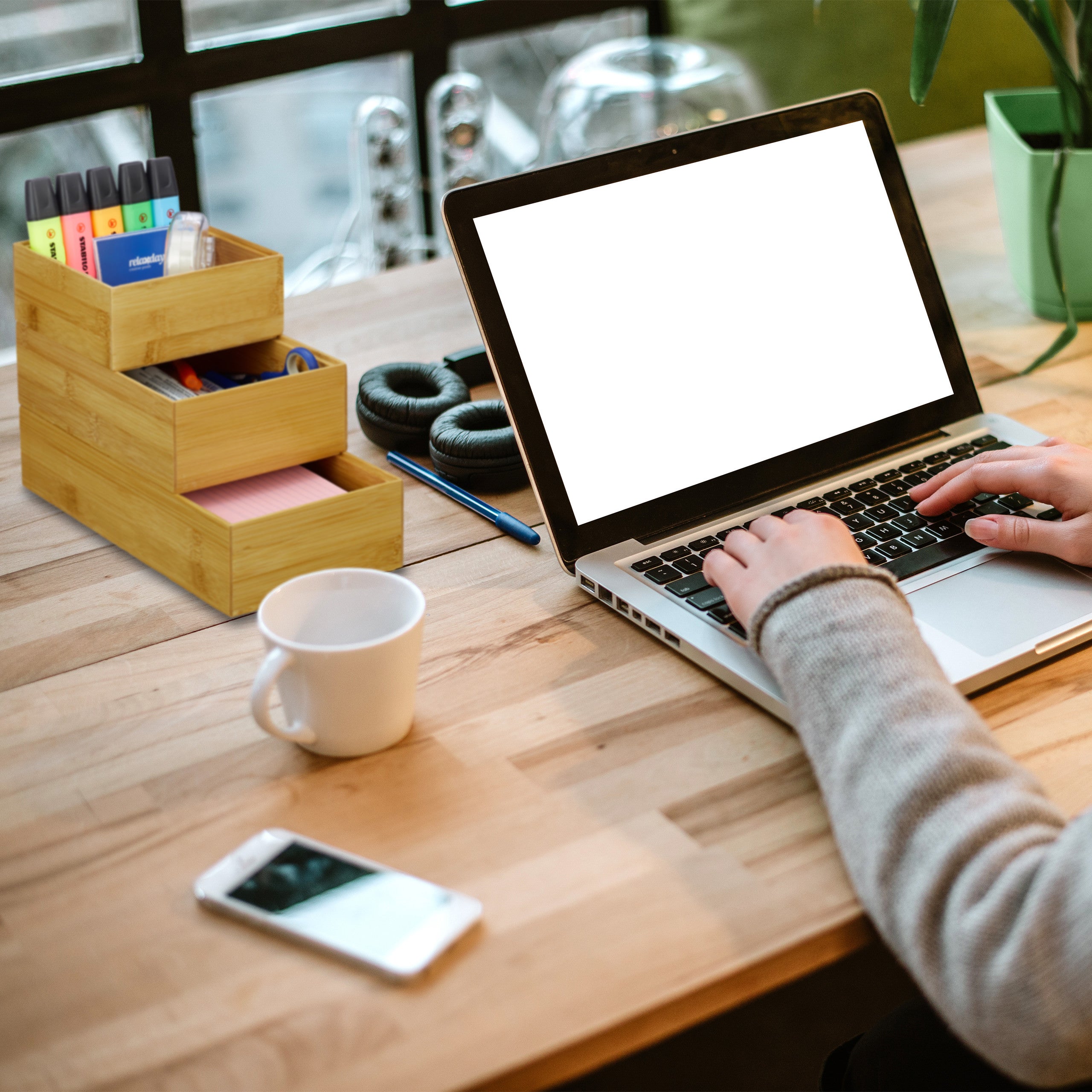 2x Contenitore Portaoggetti in Bambù, Impilabile, per Bagno Cucina Studio, HLP: 7 x 23 x 15 cm, Color Legno Naturale - 5