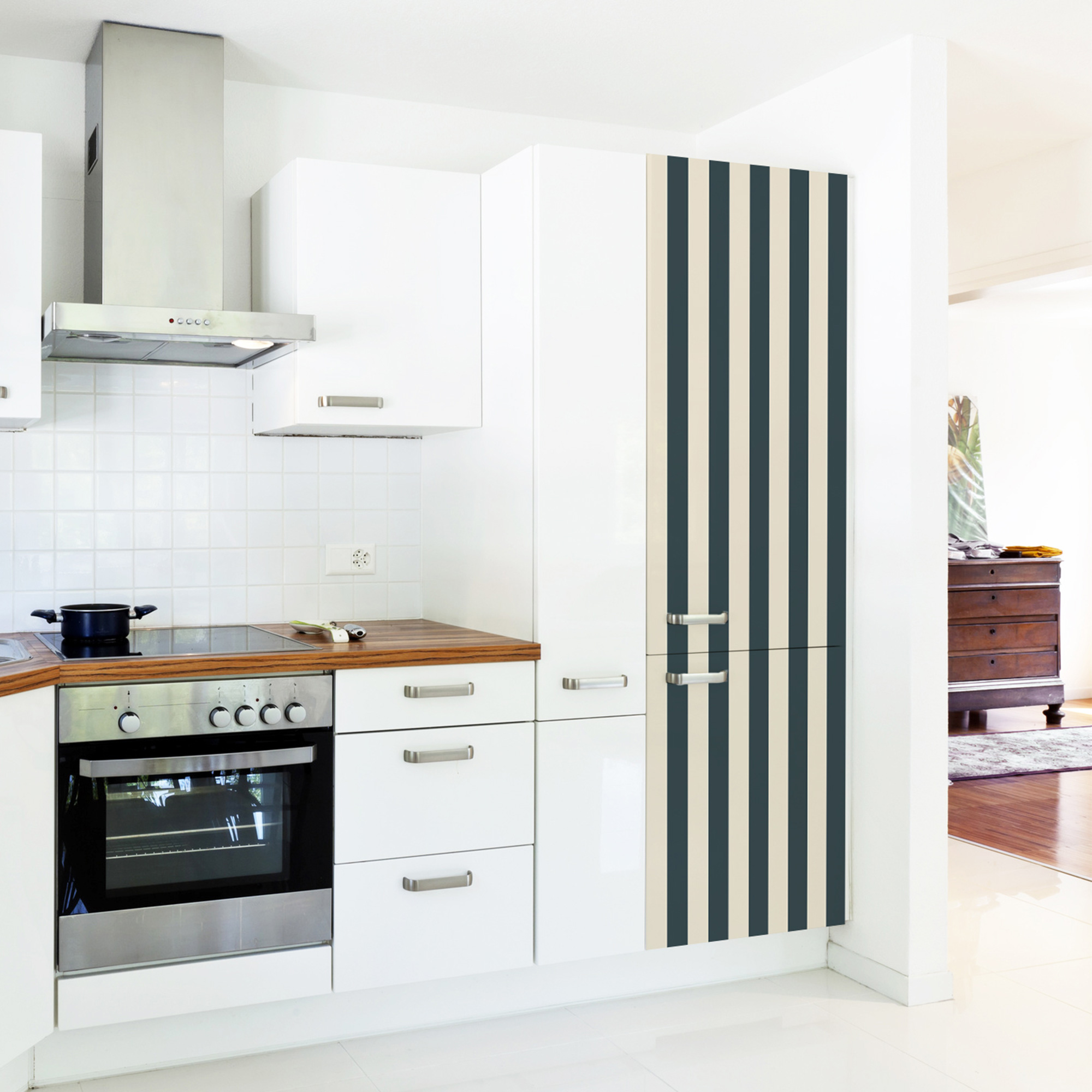 Adhesivo para frigorífico y lavavajillas, rayas negras y beige, tendencia rayas, 180 cm x 59,5 cm