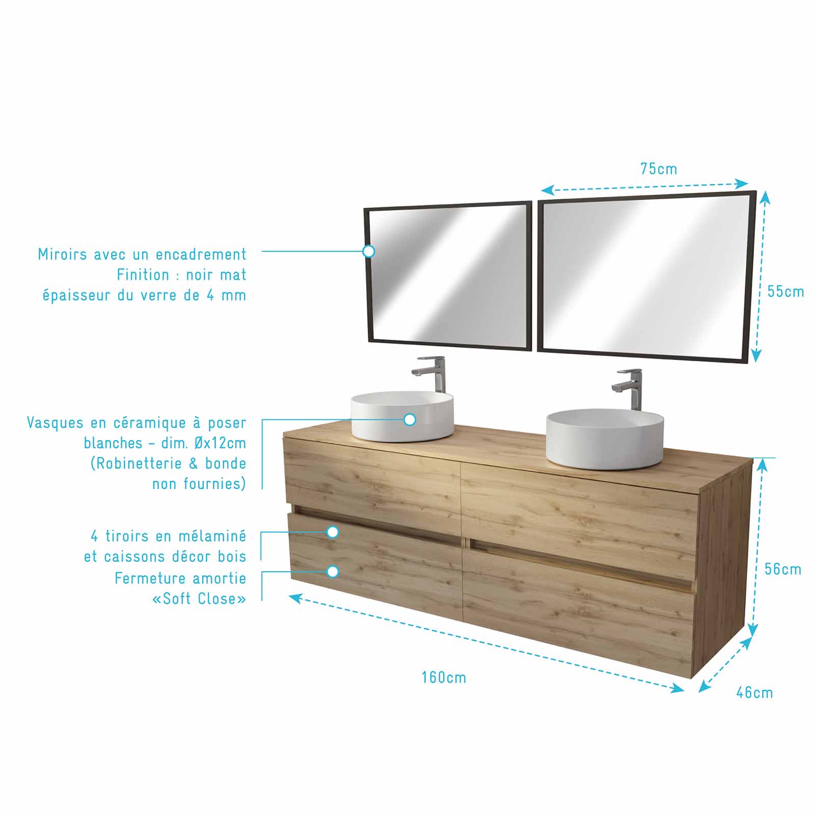 Meuble Salle de Bains 160 TIMBER Décor Chêne 4 Tiroirs Plan Vasques à Poser Blanches 2 Miroirs 75x55 - 4