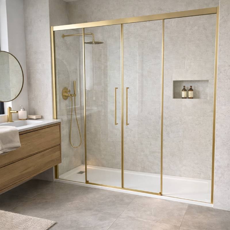 Mampara ducha corredera pavía 192-196 cm vidrio templado 8 mm altura 200 cm oro cepillado