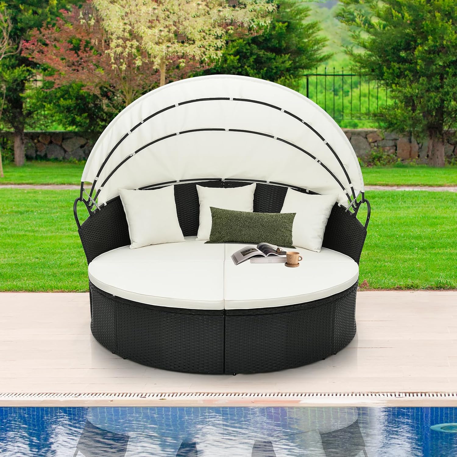 GIANTEX Lit de Jardin Rond en Rotin PE avec Auvent Rétractable, avec Coussins et Oreillers Amovibles Charge 360KG,pour Jardin Porche,Blanc - 7