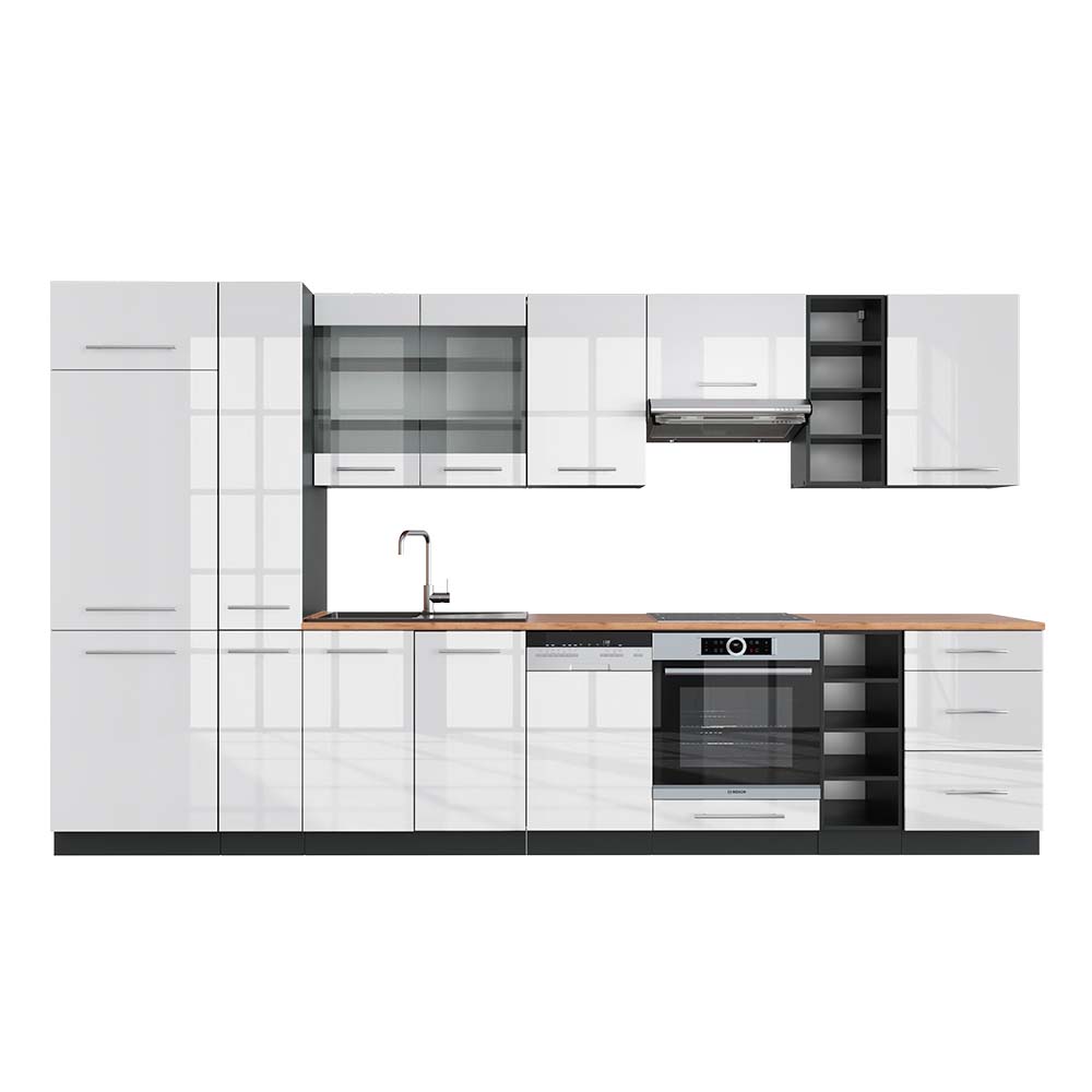 Vicco Aneks kuchenny Fame-Line, Biały wysoki połysk/antracyt, 355 cm , BP Dąb