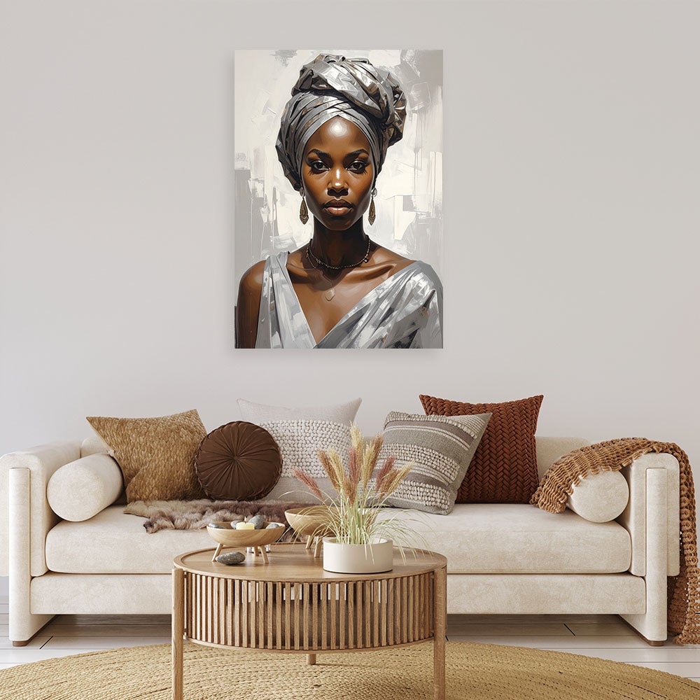 Obraz do salonu sypialni, Portret kobiety w srebrnym turbanie w stylu glamour 80x120 - 2