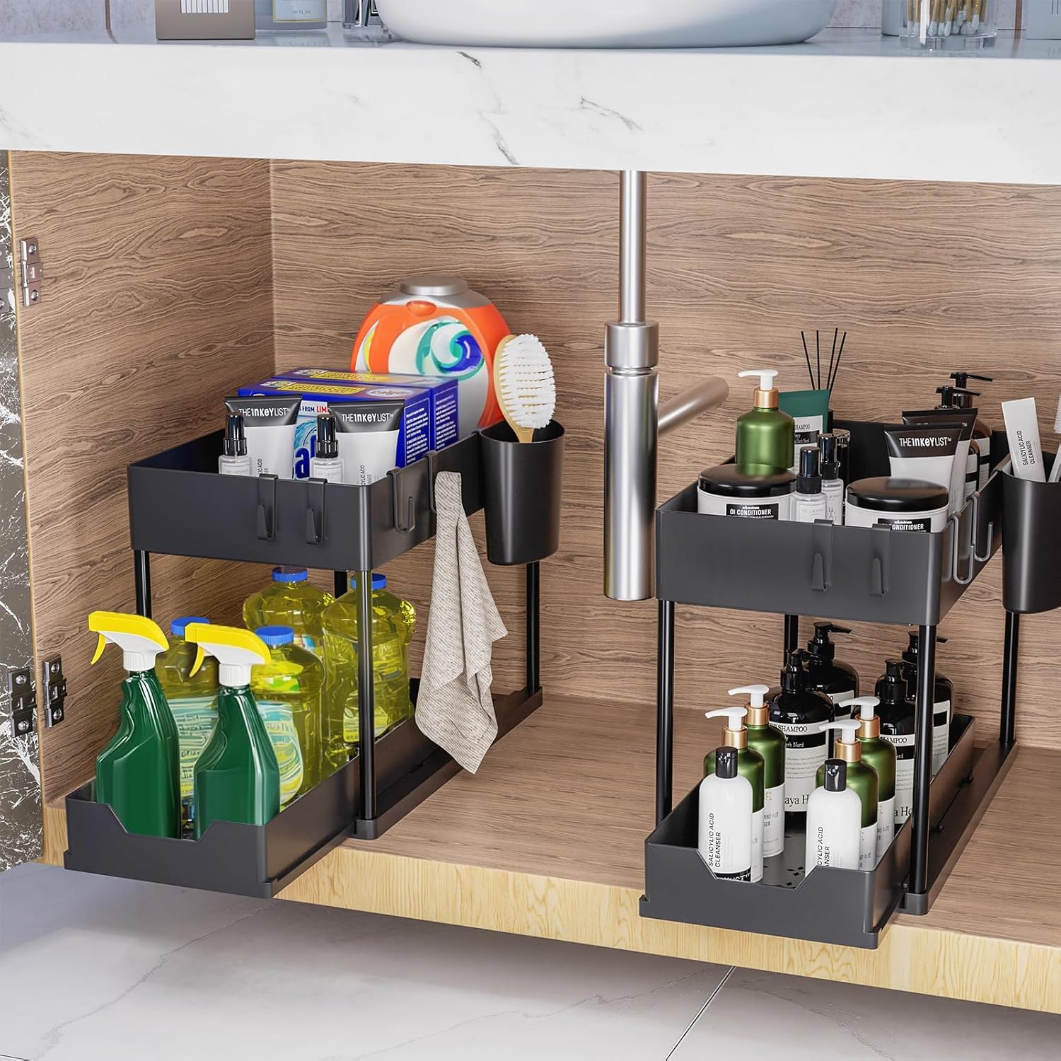 Mueble de almacenamiento bajo fregadero de 2 niveles con cajones deslizantes, organizador polivalente para cocina y baño – Negro - 2
