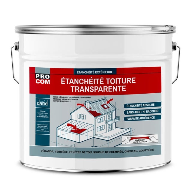 Étanchéité transparente polyuréthane - Résine d'étanchéité transparente toiture, véranda, verrière, serre PROCOM 10 litres-Transparent