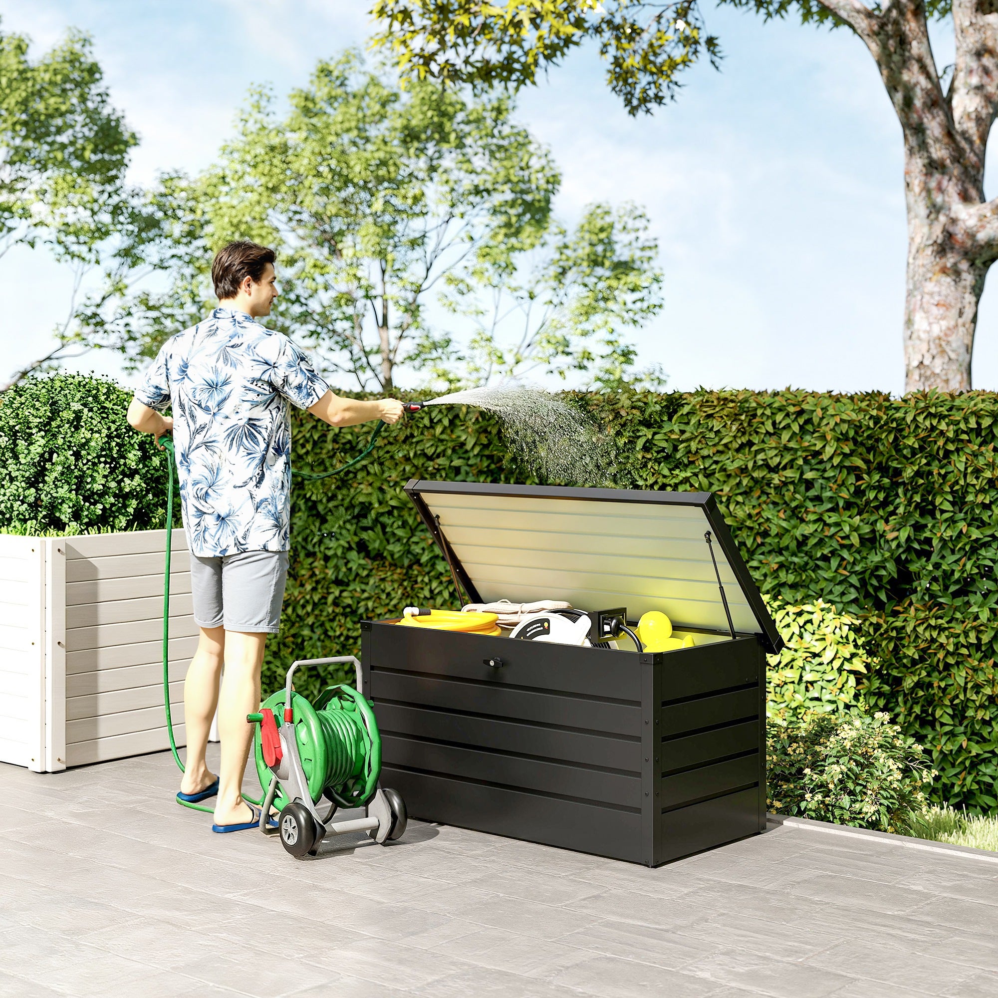 Outsunny Panca Baule Contenitore da Giardino con Chiave, Cassapanca Moderna in Acciaio, Grigio, 120x62x62cm - 2