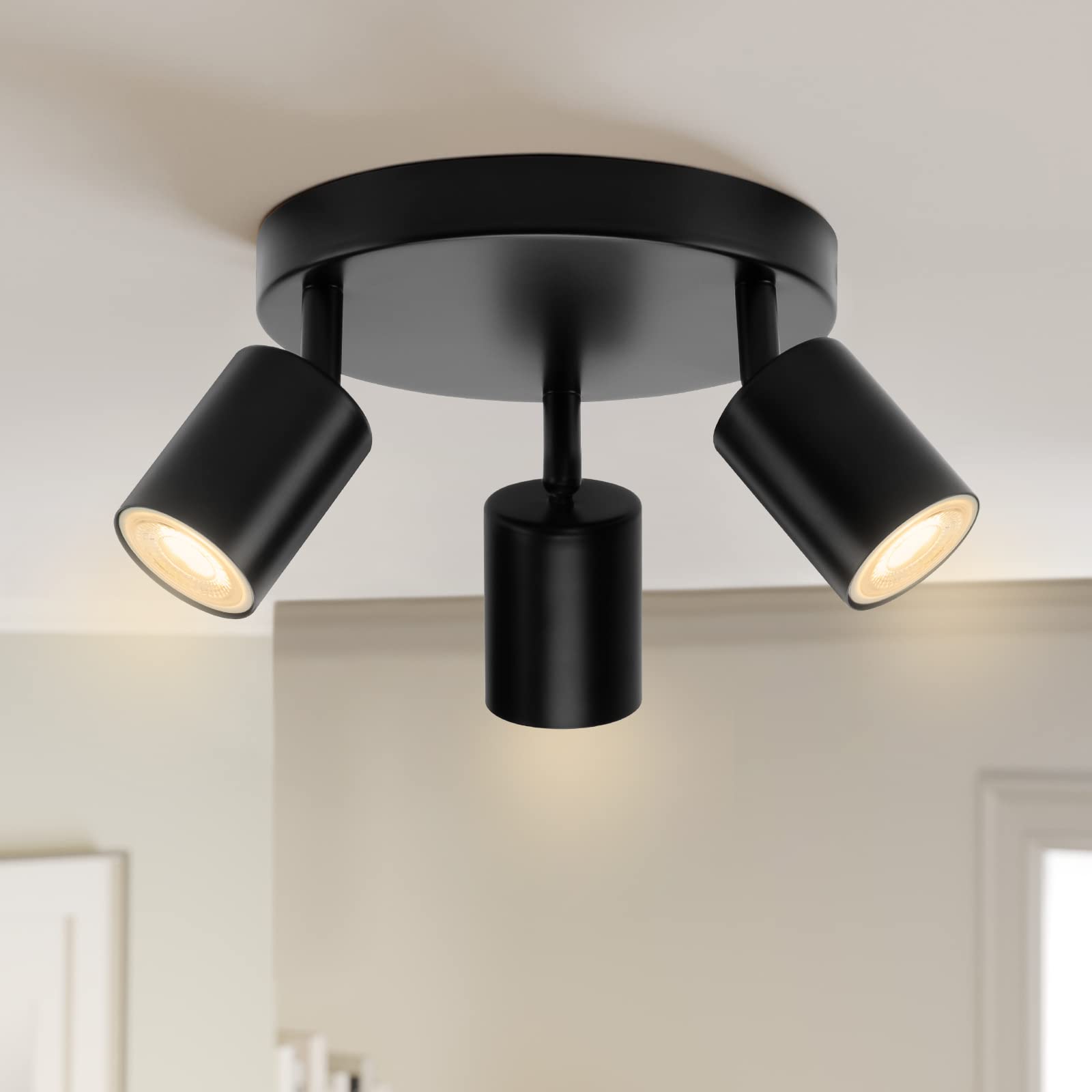 Plafonnier LED 3 Spots Orientables Bois Blanc - Luminaire GU10 Moderne Pivotant 350°