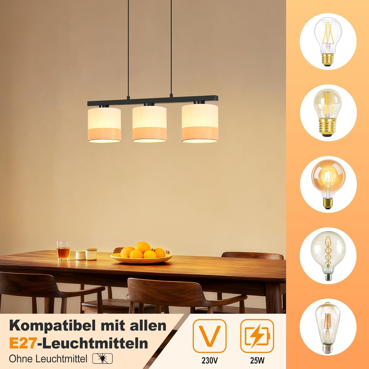 Nettlife Lámpara colgante E27 de 3 luces, Vintage, Lámpara de techo con pantalla de tela blanca, Altura ajustable, Retro, para mesa de comedor - 2
