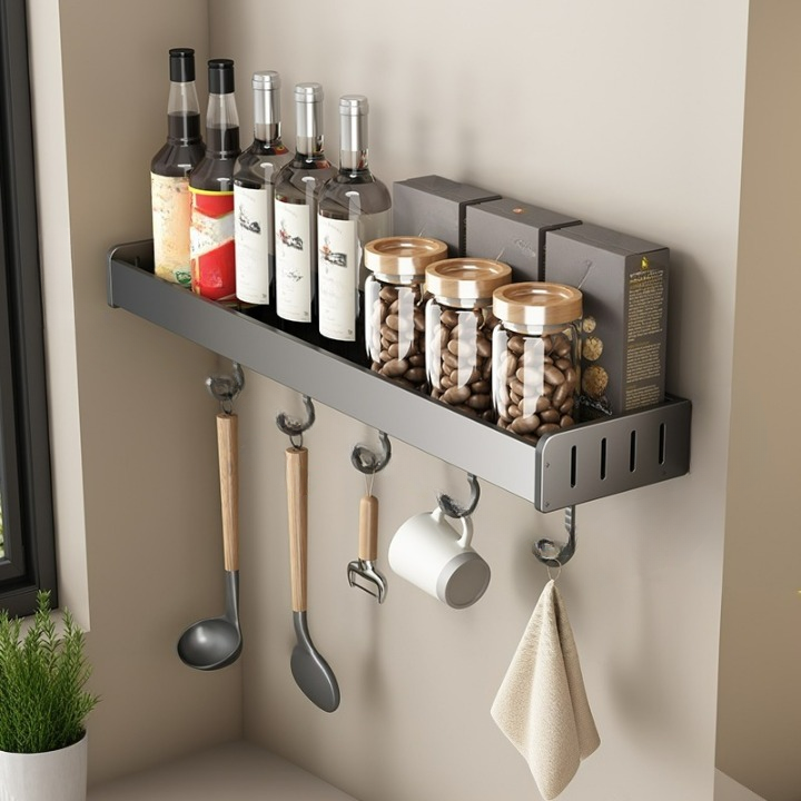 Półka kuchenna bez gwoździ Aluminiowa półka ścienna na przyprawy z haczykami Ciemnoszara 40*13,8*5,5 cm