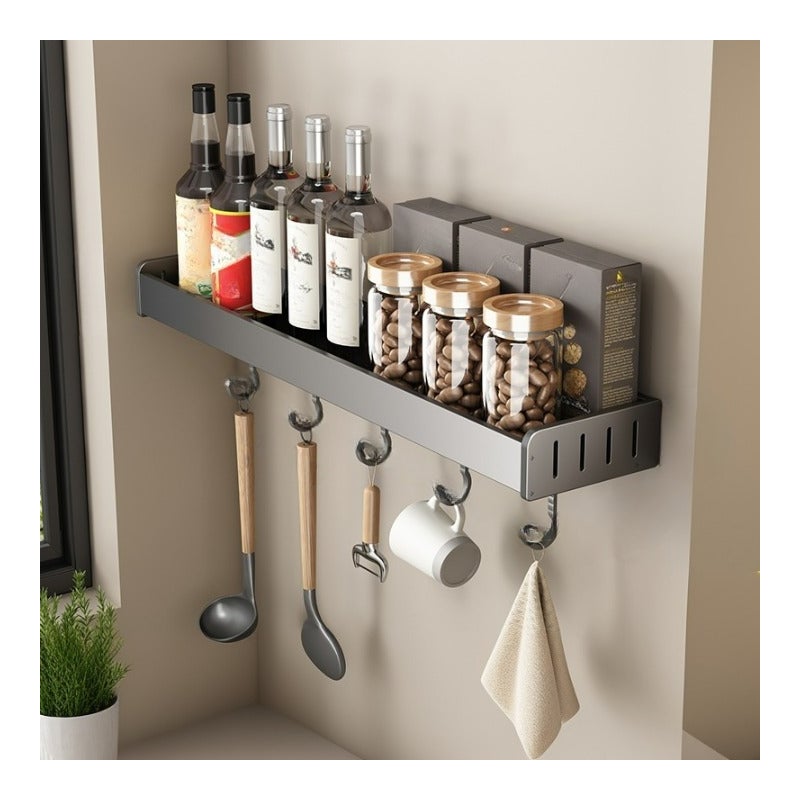 Półka kuchenna bez gwoździ Aluminiowa półka ścienna na przyprawy z haczykami Ciemnoszara 40*13,8*5,5 cm