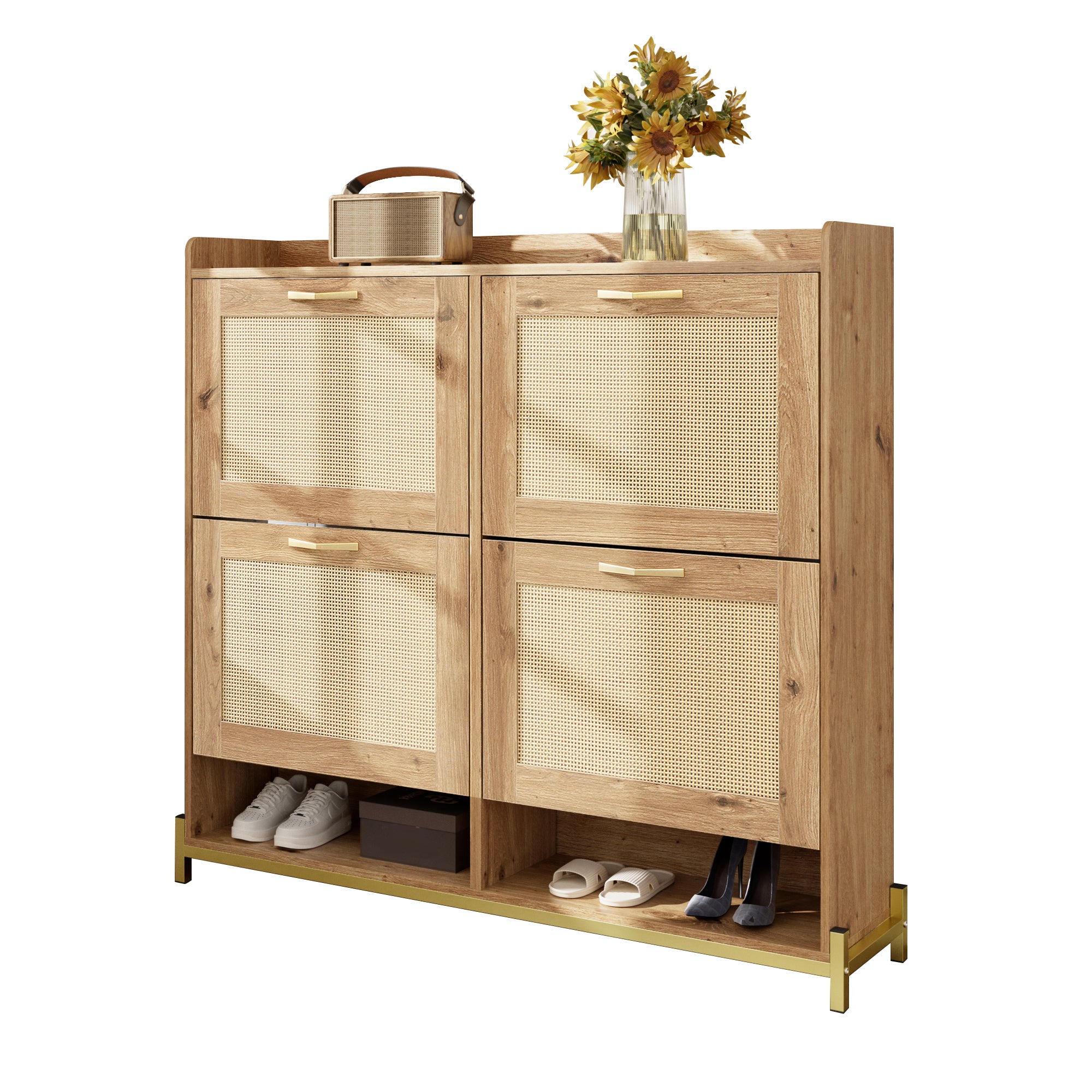 Meuble à chaussures avec 4 portes en rotin et 2 compartiments - Bois MDF - 105 x 24 x 100 cm - Coloris bois - 2